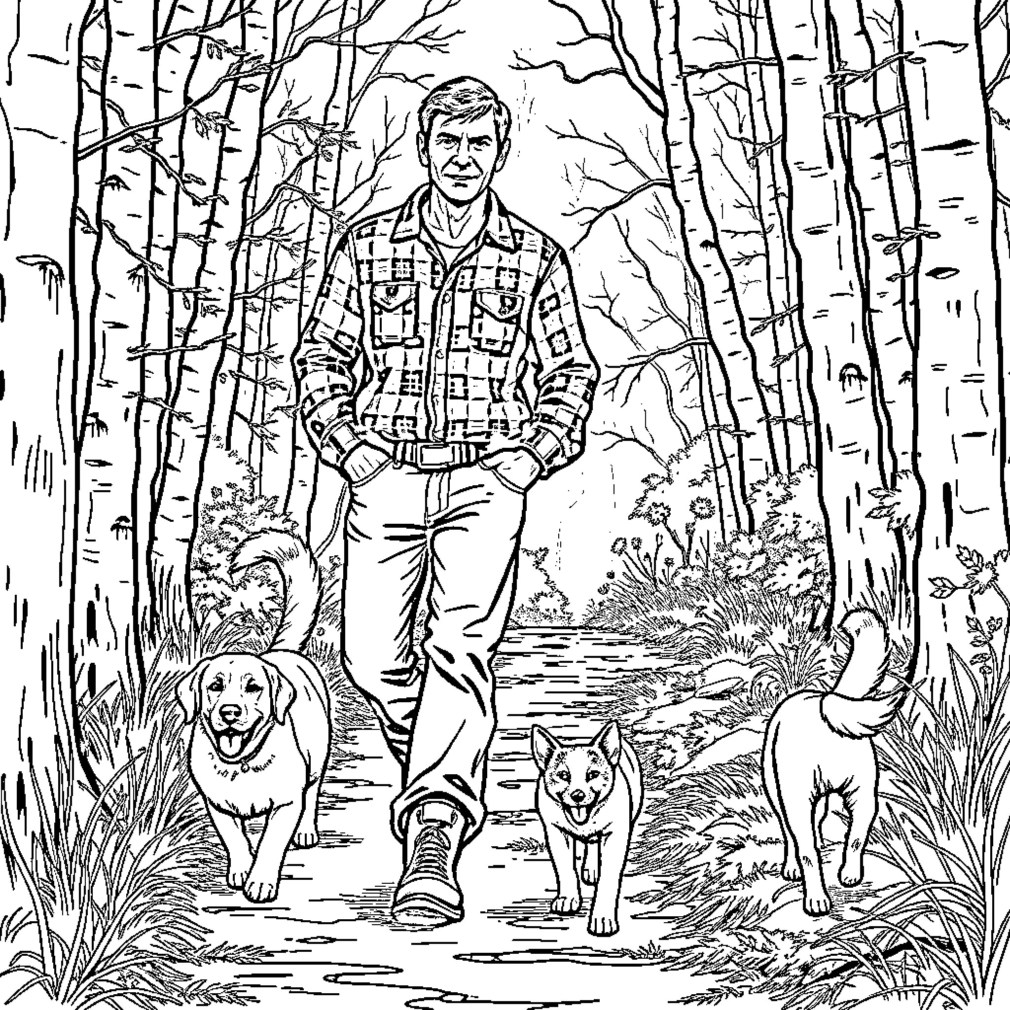 Man walking with his dogs in the forest Coloring Page (free black-and-white line drawing printable PDF for all, from beginners to advanced learners, including children, teens, adults, and seniors)