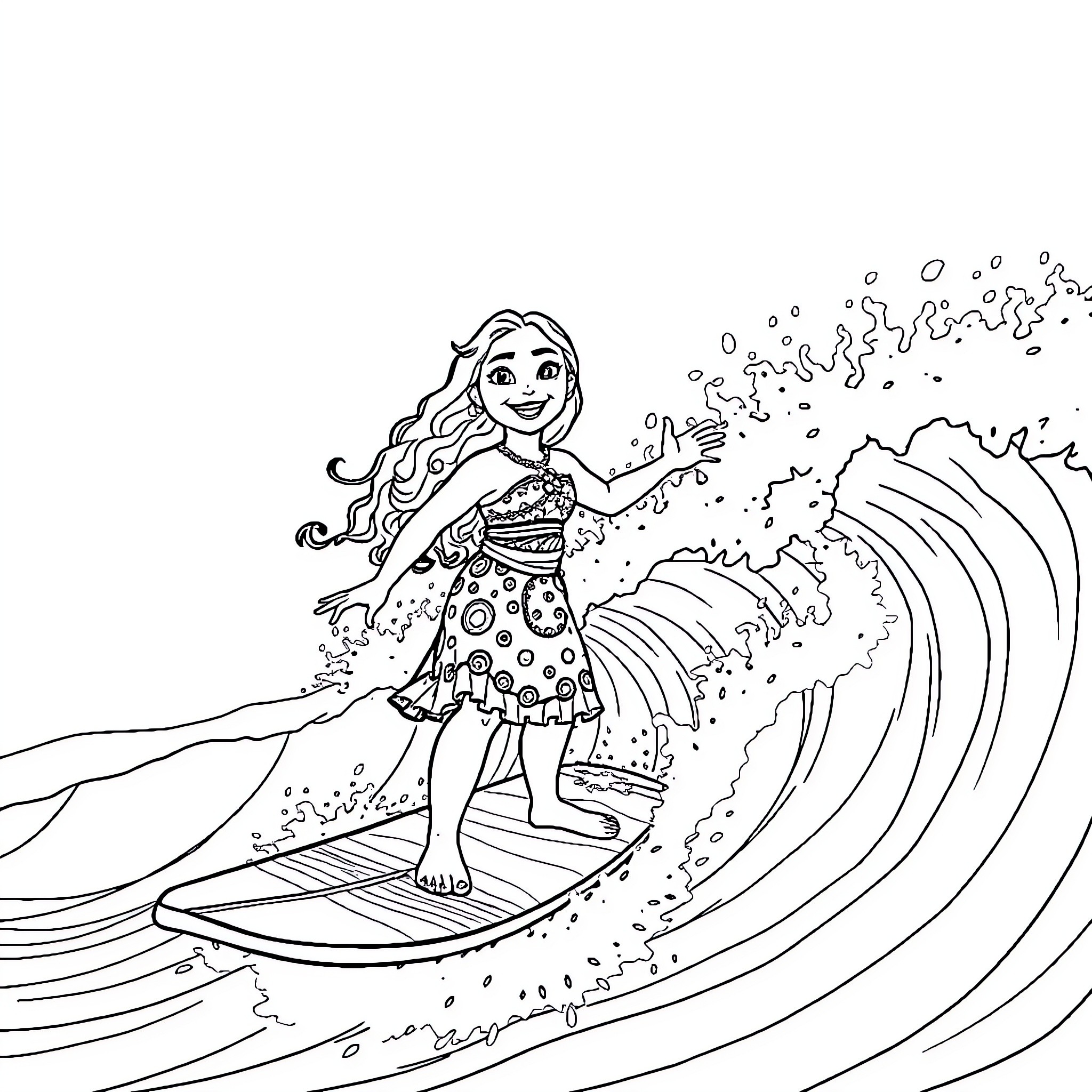 Moana surfing happily on giant ocean waves Coloring Page (free black-and-white line drawing printable PDF for all, from beginners to advanced learners, including children, teens, adults, and seniors)