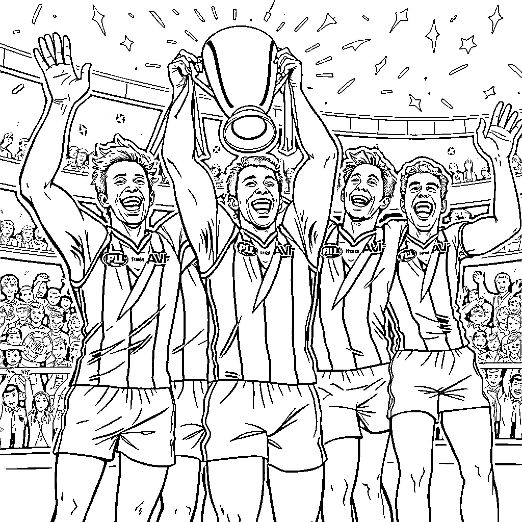 Footballer celebrating victory with teammates Coloring Page (free black-and-white line drawing printable PDF for all, from beginners to advanced learners, including children, teens, adults, and seniors)