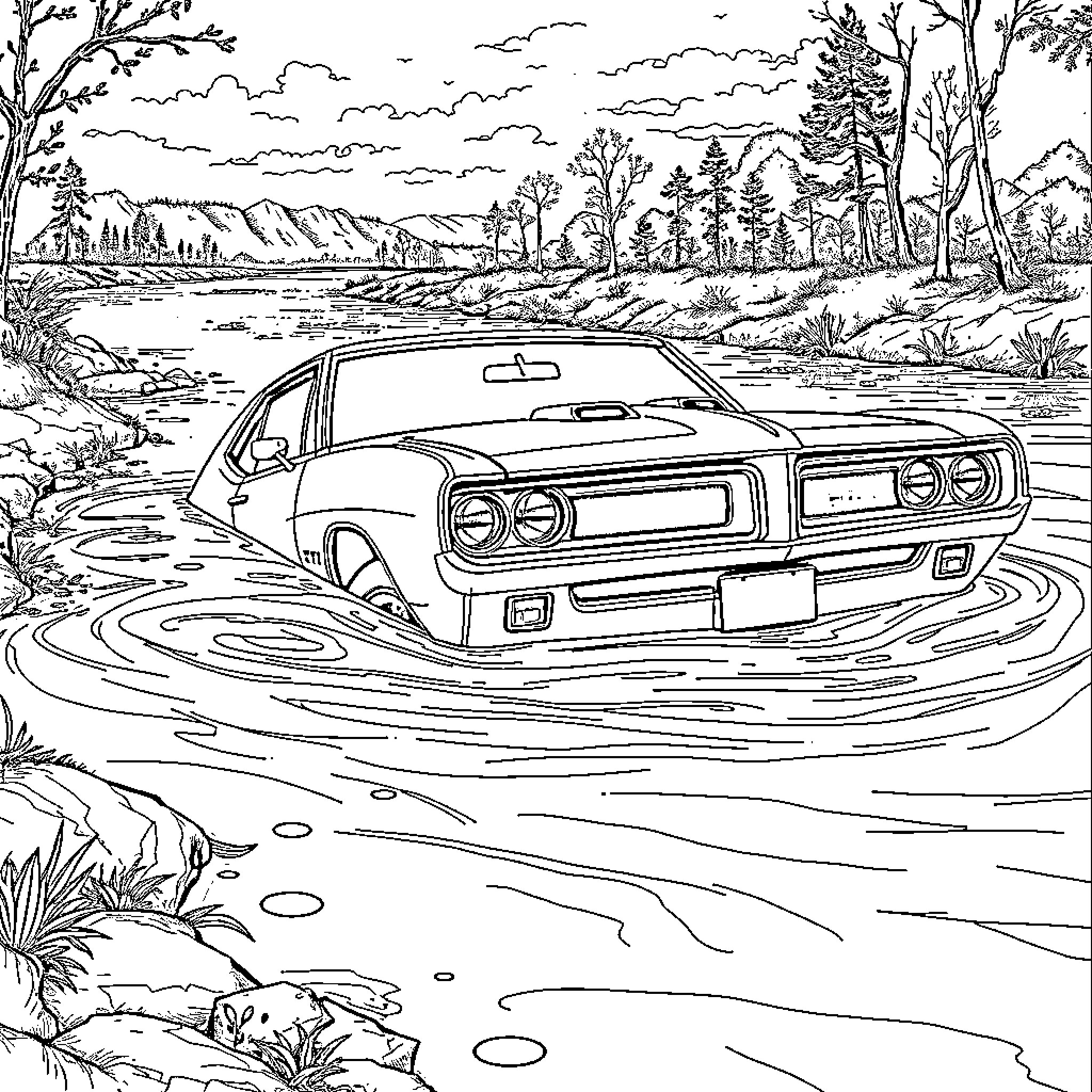 Pontiac GTO stuck in the wilderness landscape Coloring Page (free black-and-white line drawing printable PDF for all, from beginners to advanced learners, including children, teens, adults, and seniors)