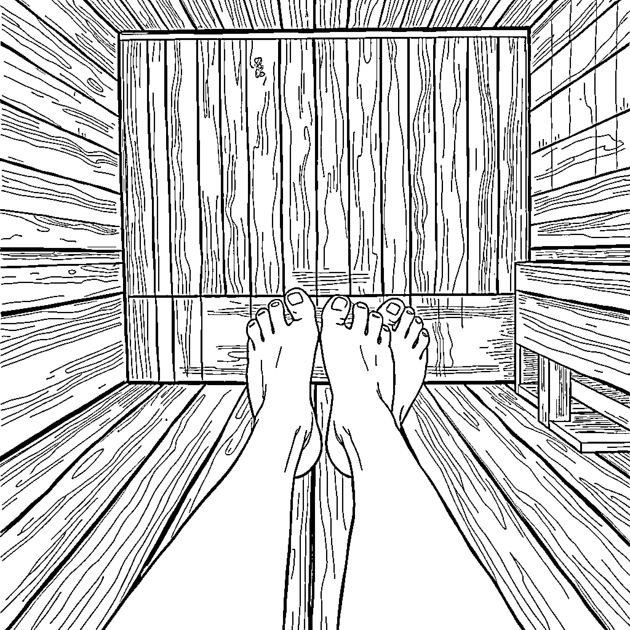 Foot Relaxing in a Sauna Coloring Page (free black-and-white line drawing printable PDF for all, from beginners to advanced learners, including children, teens, adults, and seniors)