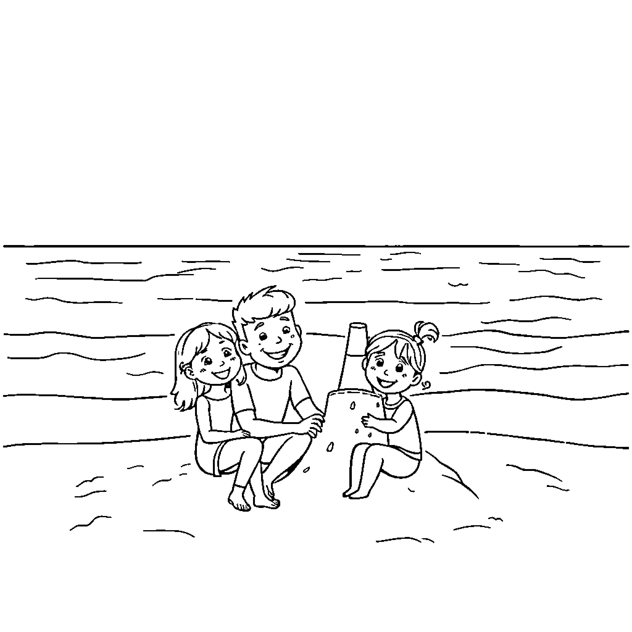 Family enjoying summer day at the beach Coloring Page (free black-and-white line drawing printable PDF for all, from beginners to advanced learners, including children, teens, adults, and seniors)