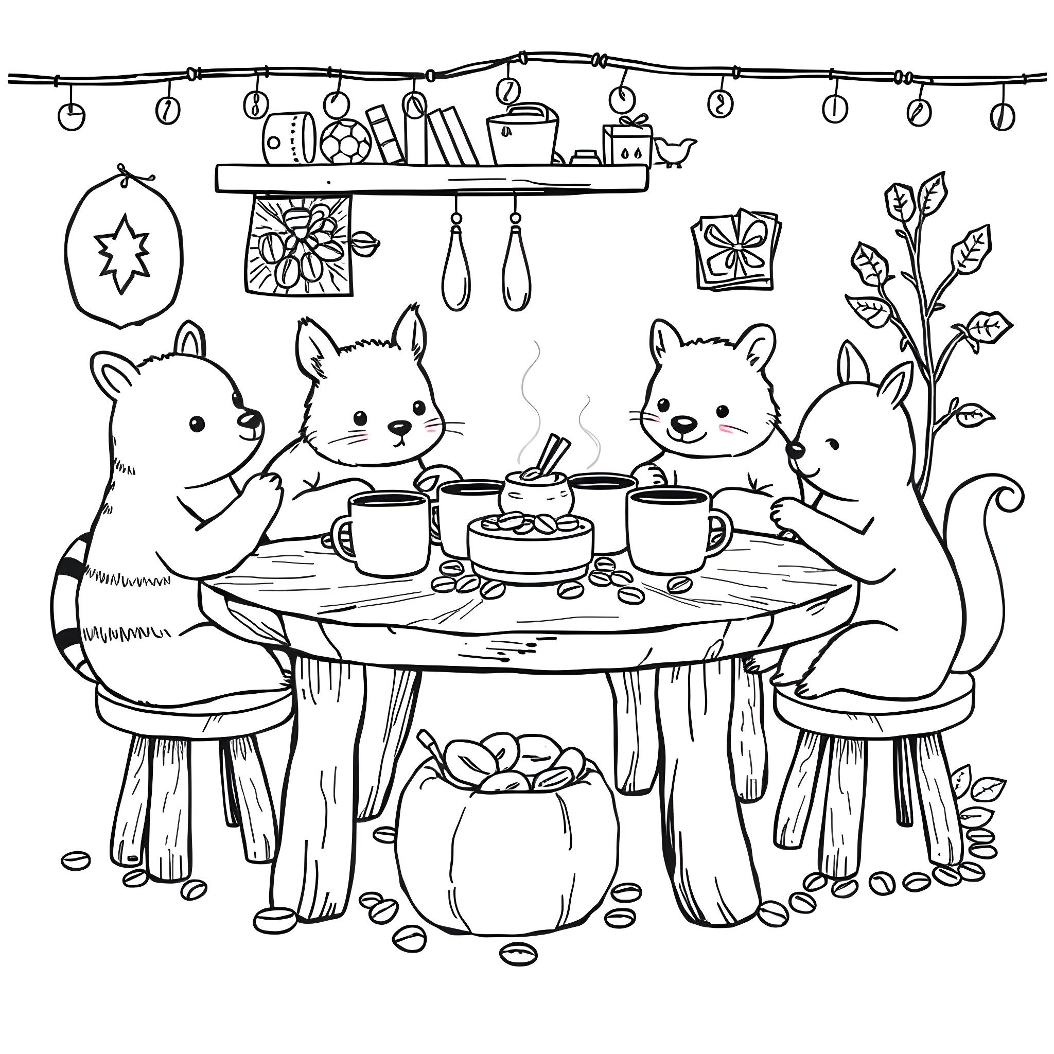 Animal friends having a cozy tea party Coloring Page (free black-and-white line drawing printable PDF for all, from beginners to advanced learners, including children, teens, adults, and seniors)