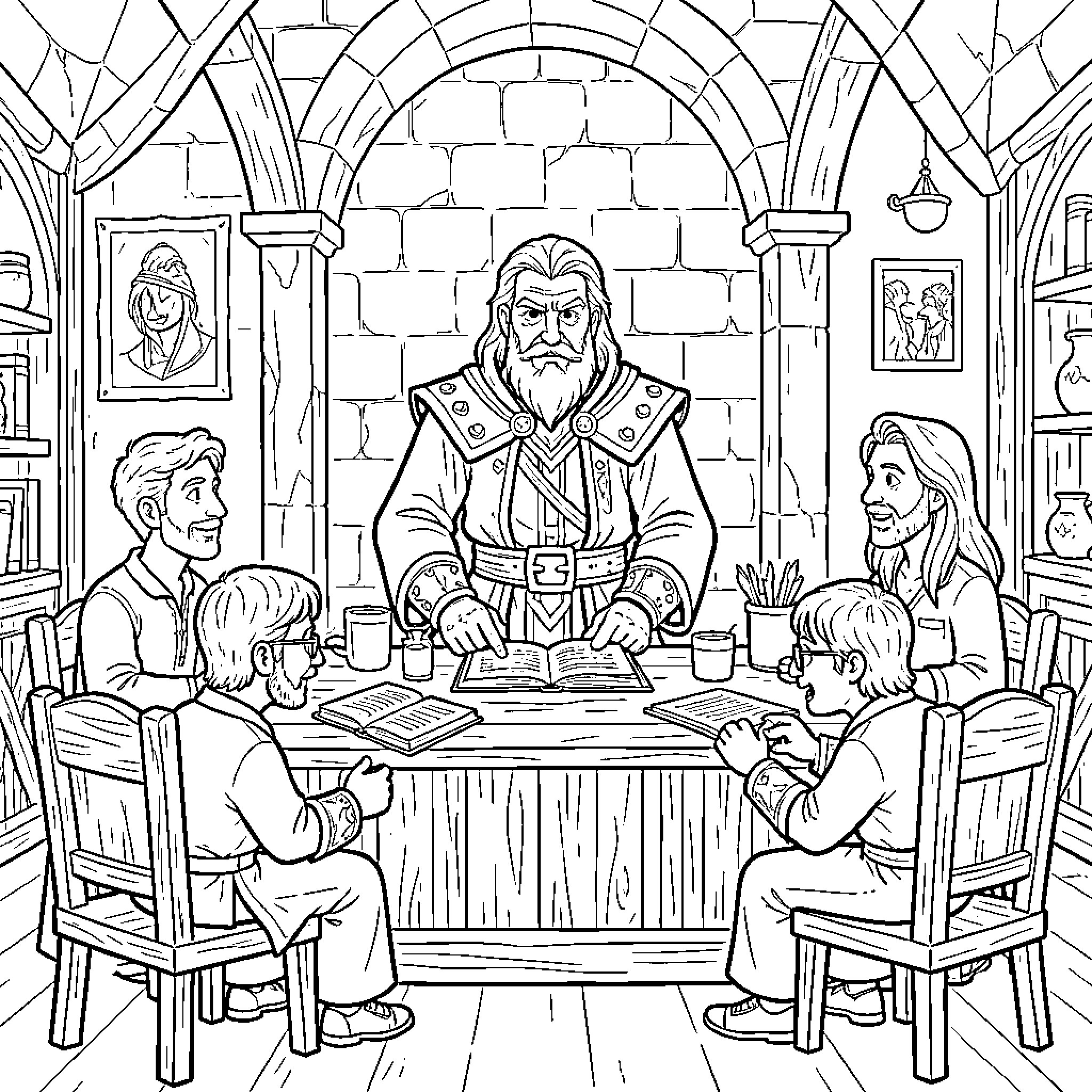 Dungeon Master reading a book to players around a table Coloring Page (free black-and-white line drawing printable PDF for all, from beginners to advanced learners, including children, teens, adults, and seniors)