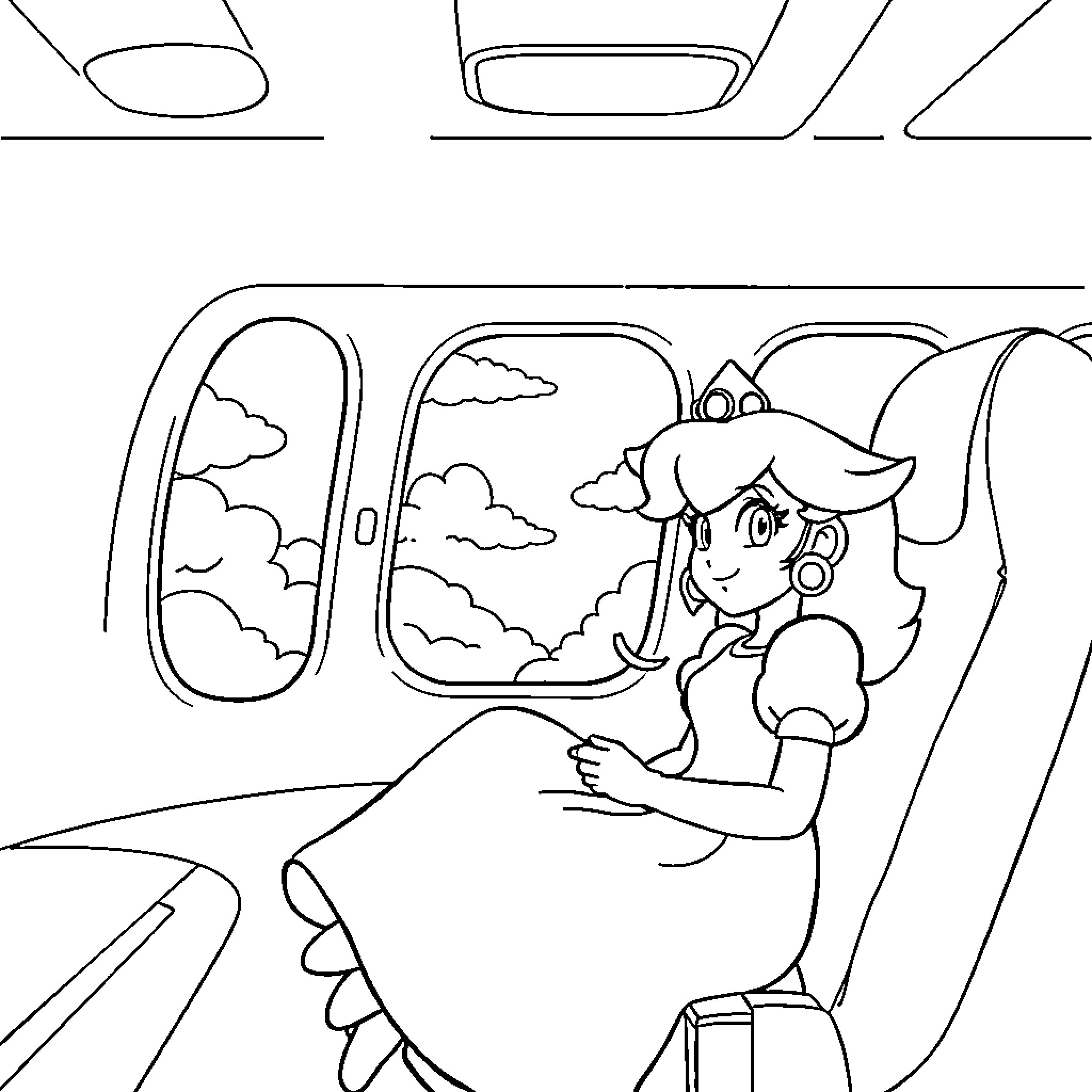 Princess Peach enjoying the view from airplane window Coloring Page (free black-and-white line drawing printable PDF for all, from beginners to advanced learners, including children, teens, adults, and seniors)