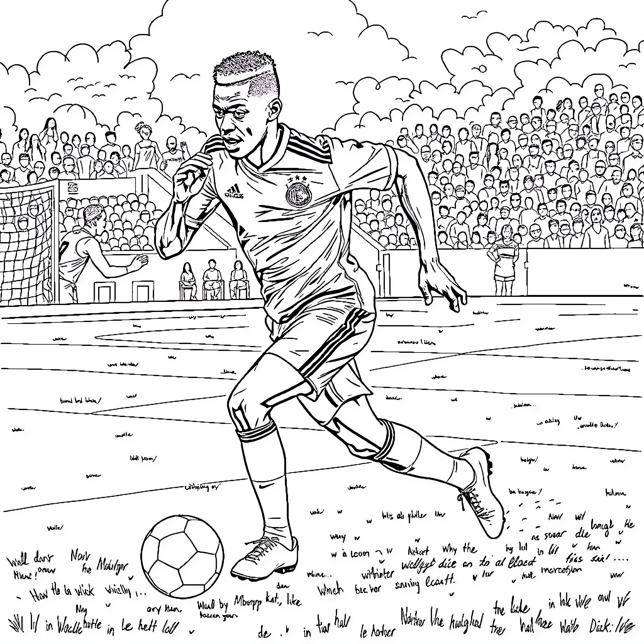 Kylian Mbappe Celebrates Goal with Excited Fans Coloring Page (free black-and-white line drawing printable PDF for all, from beginners to advanced learners, including children, teens, adults, and seniors)