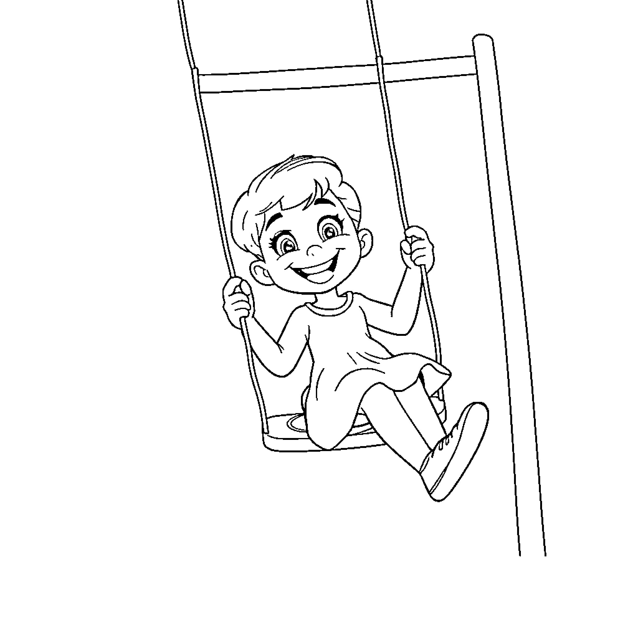 Bluey playing happily on a swing Coloring Page (free black-and-white line drawing printable PDF for all, from beginners to advanced learners, including children, teens, adults, and seniors)