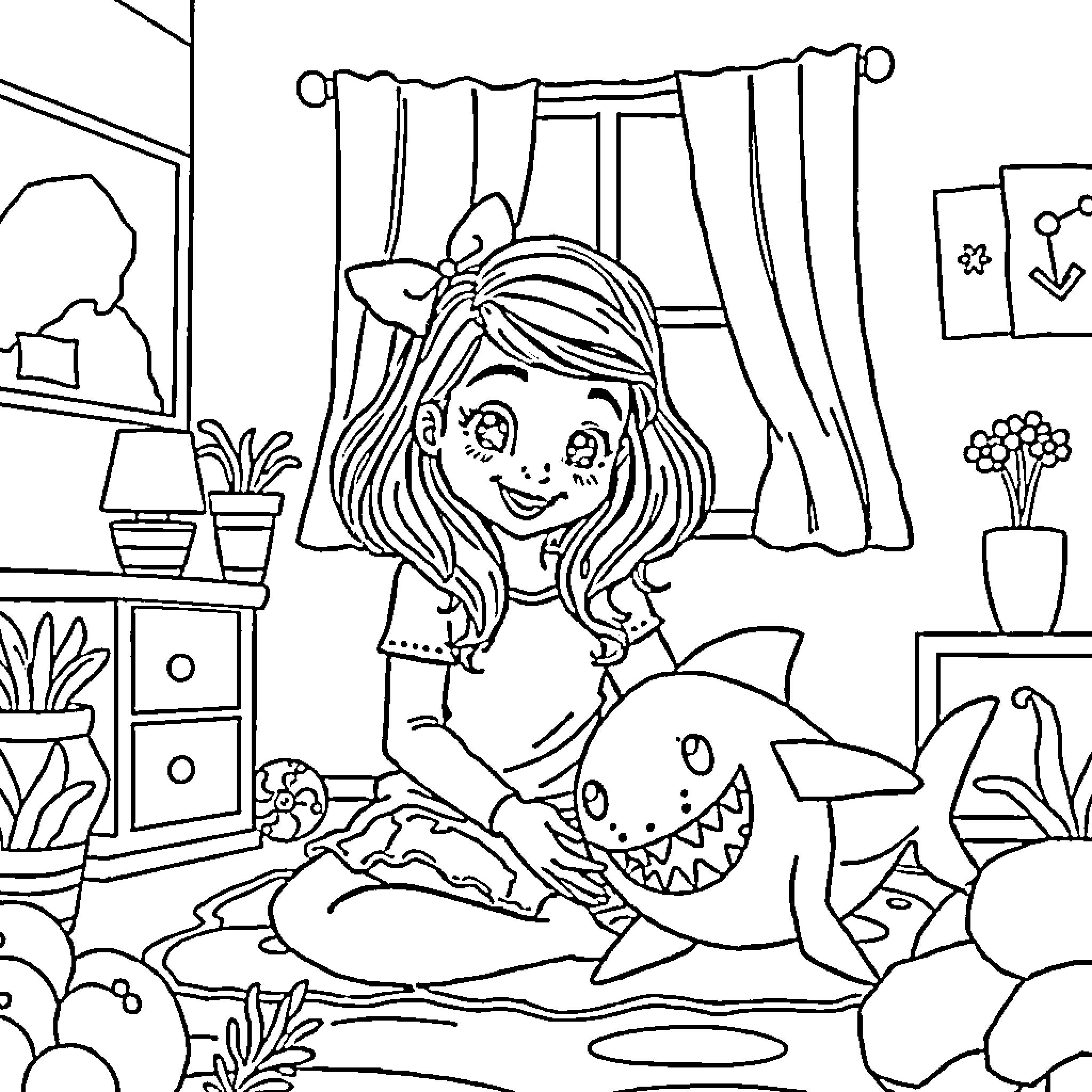 Miss Rachel's Playful Encounter with a Friendly Shark Coloring Page (free black-and-white line drawing printable PDF for all, from beginners to advanced learners, including children, teens, adults, and seniors)