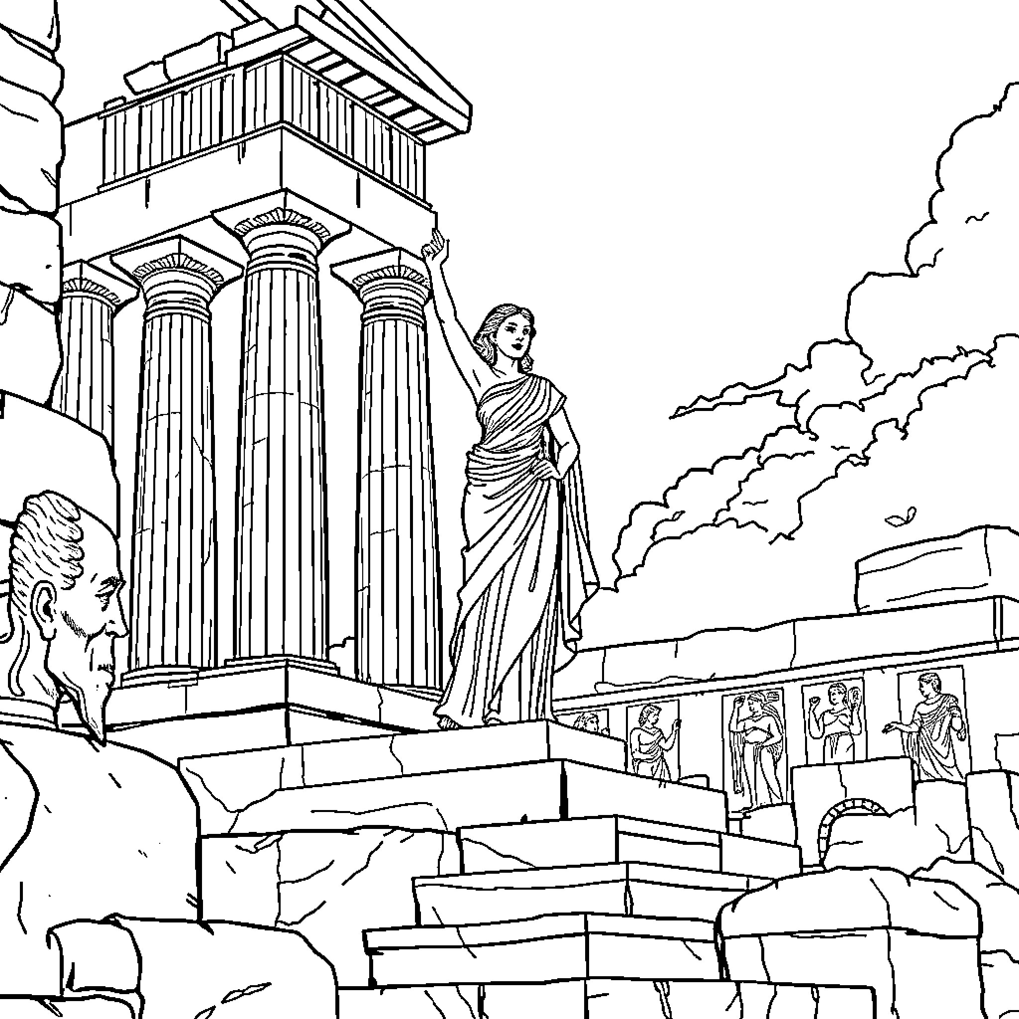 Woman standing amidst ancient Greek architecture Coloring Page (free black-and-white line drawing printable PDF for all, from beginners to advanced learners, including children, teens, adults, and seniors)