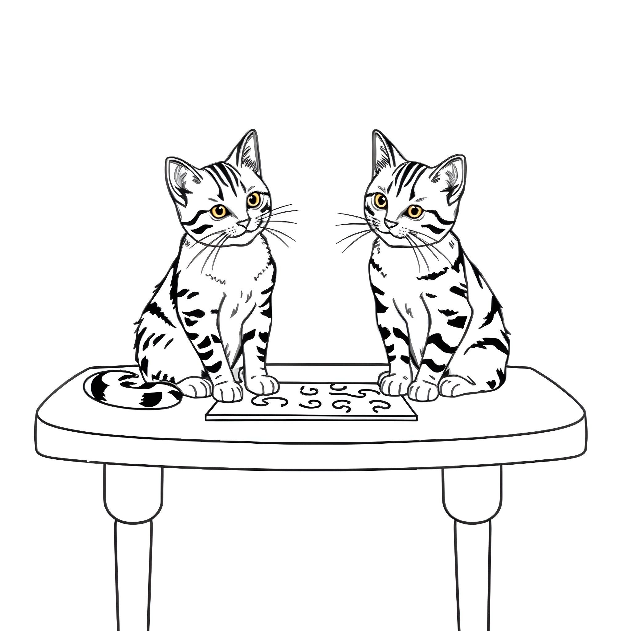 Tabby Cats Playing on a Table Coloring Page (free black-and-white line drawing printable PDF for all, from beginners to advanced learners, including children, teens, adults, and seniors)