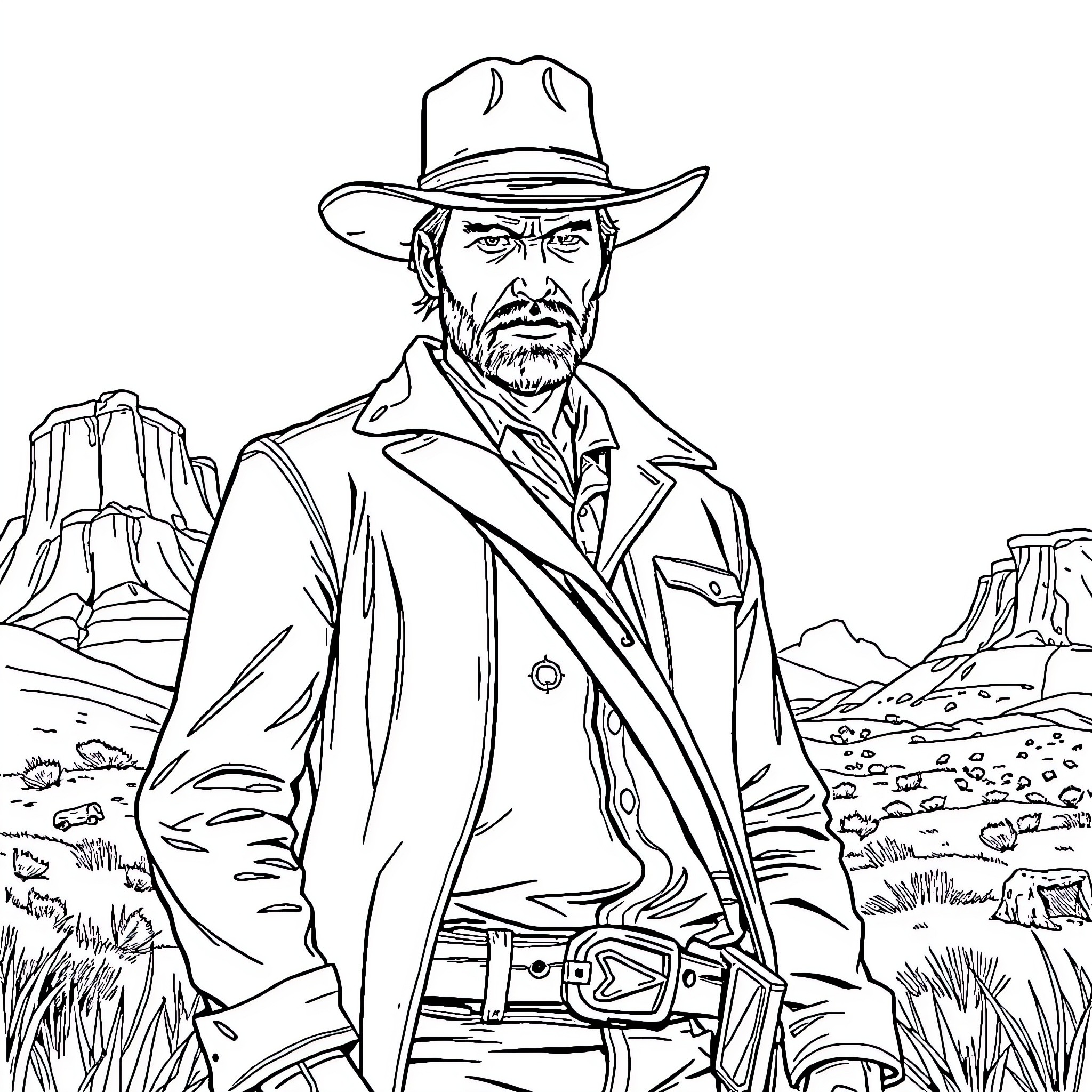 Arthur, the rugged cowboy in the desert landscape Coloring Page (free black-and-white line drawing printable PDF for all, from beginners to advanced learners, including children, teens, adults, and seniors)