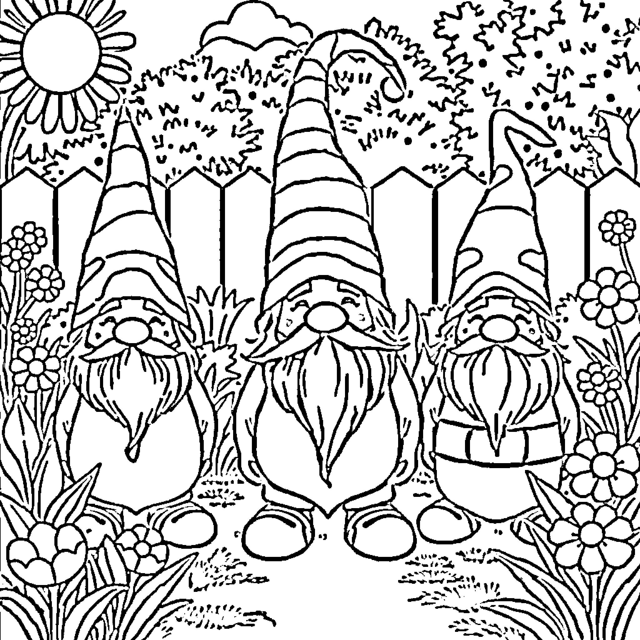 Gnome friends exploring a whimsical garden Coloring Page (free black-and-white line drawing printable PDF for all, from beginners to advanced learners, including children, teens, adults, and seniors)
