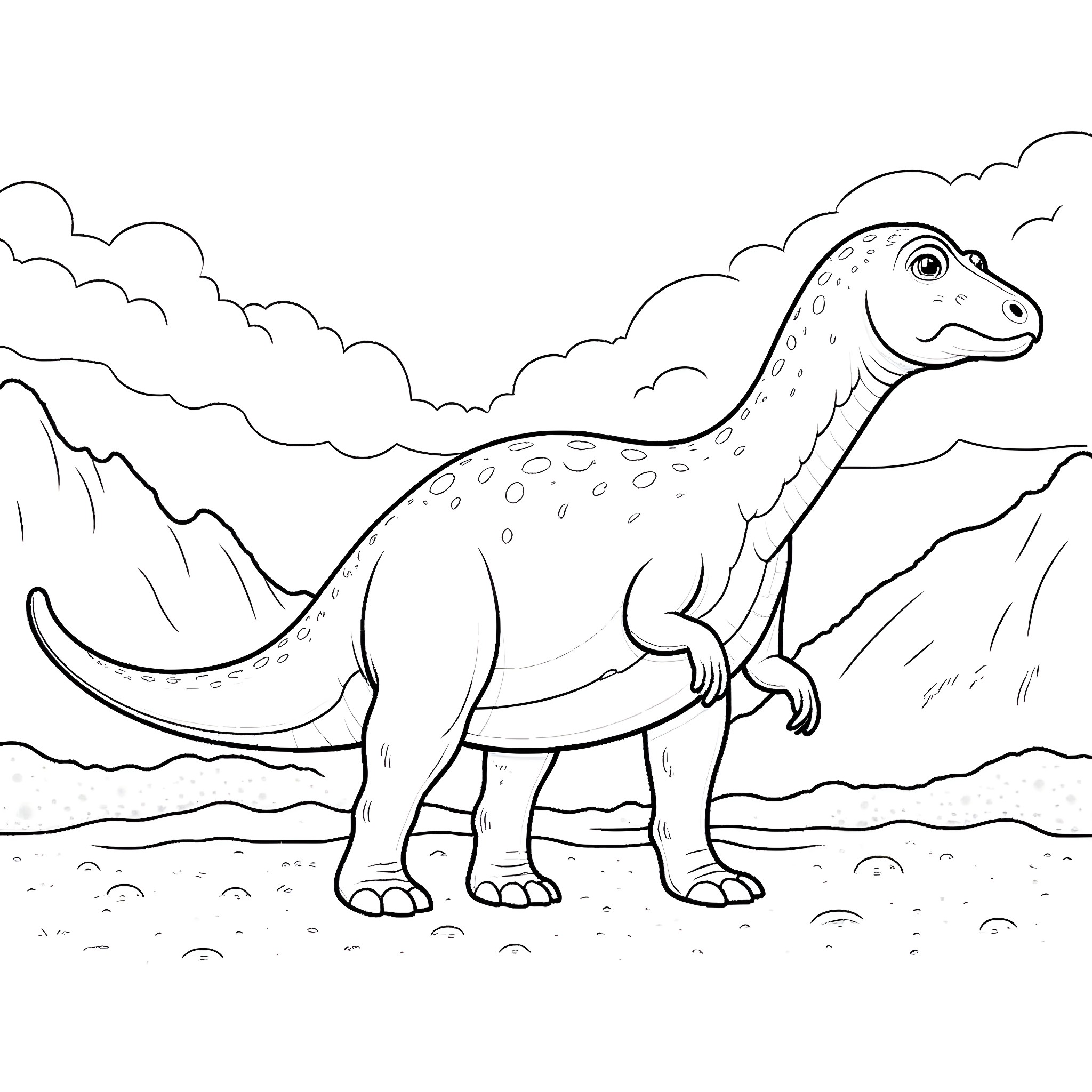 Dinosaur enjoying the scenic landscape Coloring Page (free black-and-white line drawing printable PDF for all, from beginners to advanced learners, including children, teens, adults, and seniors)