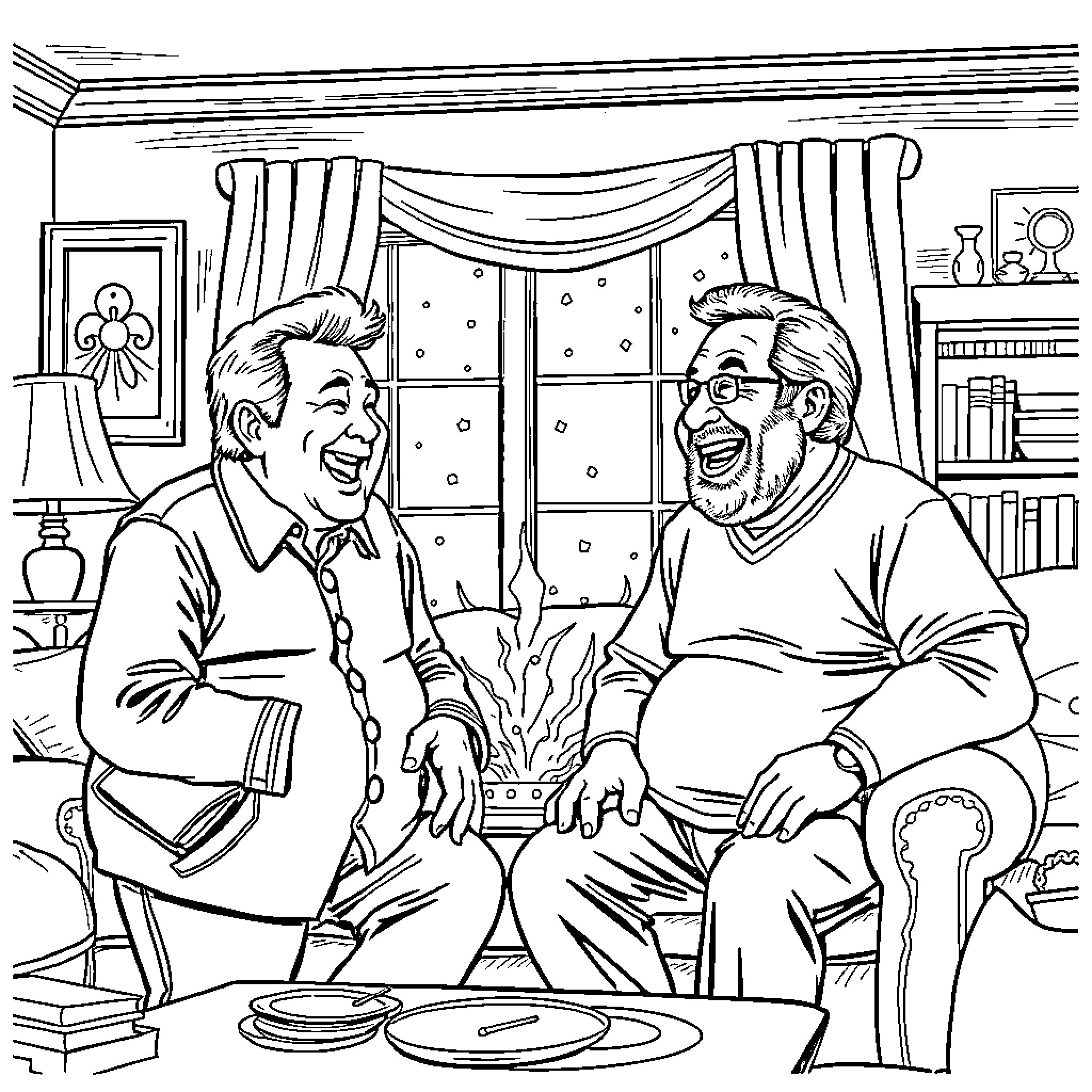 Jonathan Winters discussing with friend over a meal Coloring Page (free black-and-white line drawing printable PDF for all, from beginners to advanced learners, including children, teens, adults, and seniors)
