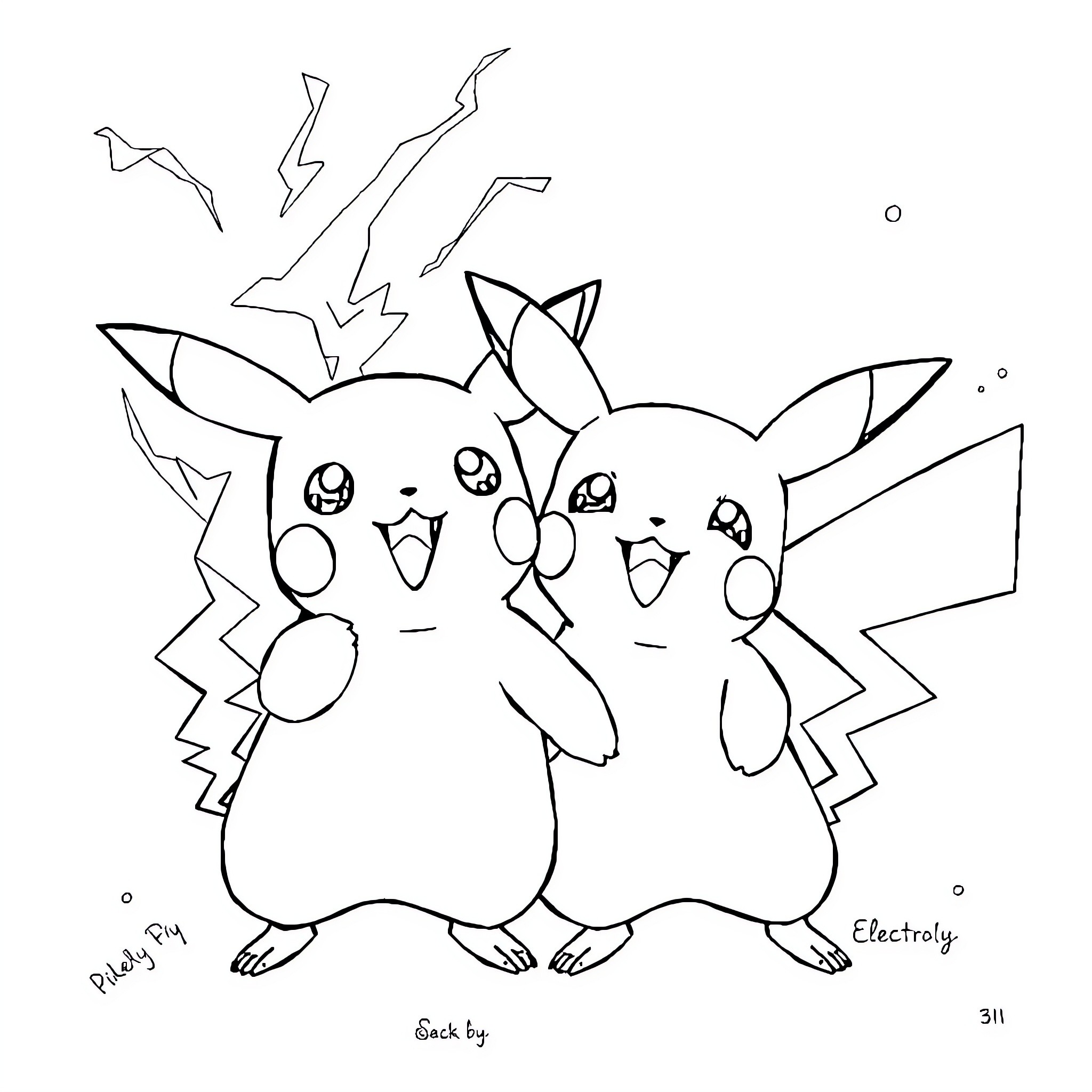 Pikachu and Raichu playing together happily Coloring Page (free black-and-white line drawing printable PDF for all, from beginners to advanced learners, including children, teens, adults, and seniors)