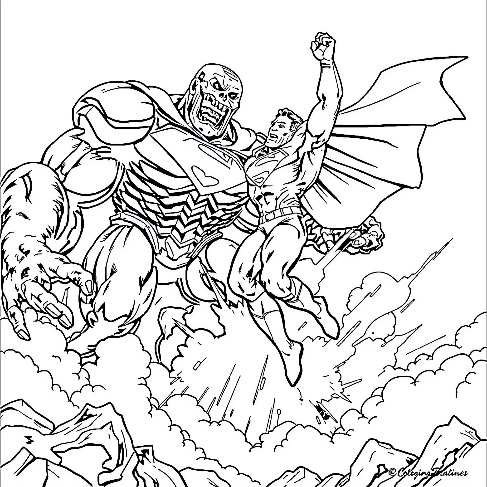 Superman fighting a powerful foe in the sky Coloring Page (free black-and-white line drawing printable PDF for all, from beginners to advanced learners, including children, teens, adults, and seniors)