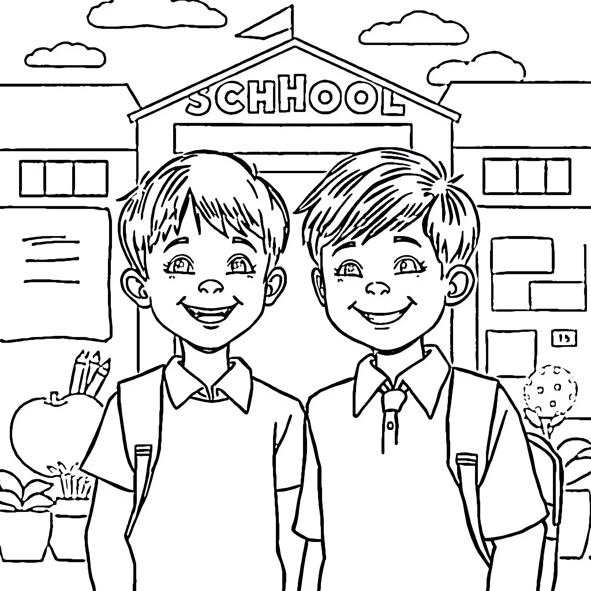 Sibling students in front of school Coloring Page (free black-and-white line drawing printable PDF for all, from beginners to advanced learners, including children, teens, adults, and seniors)