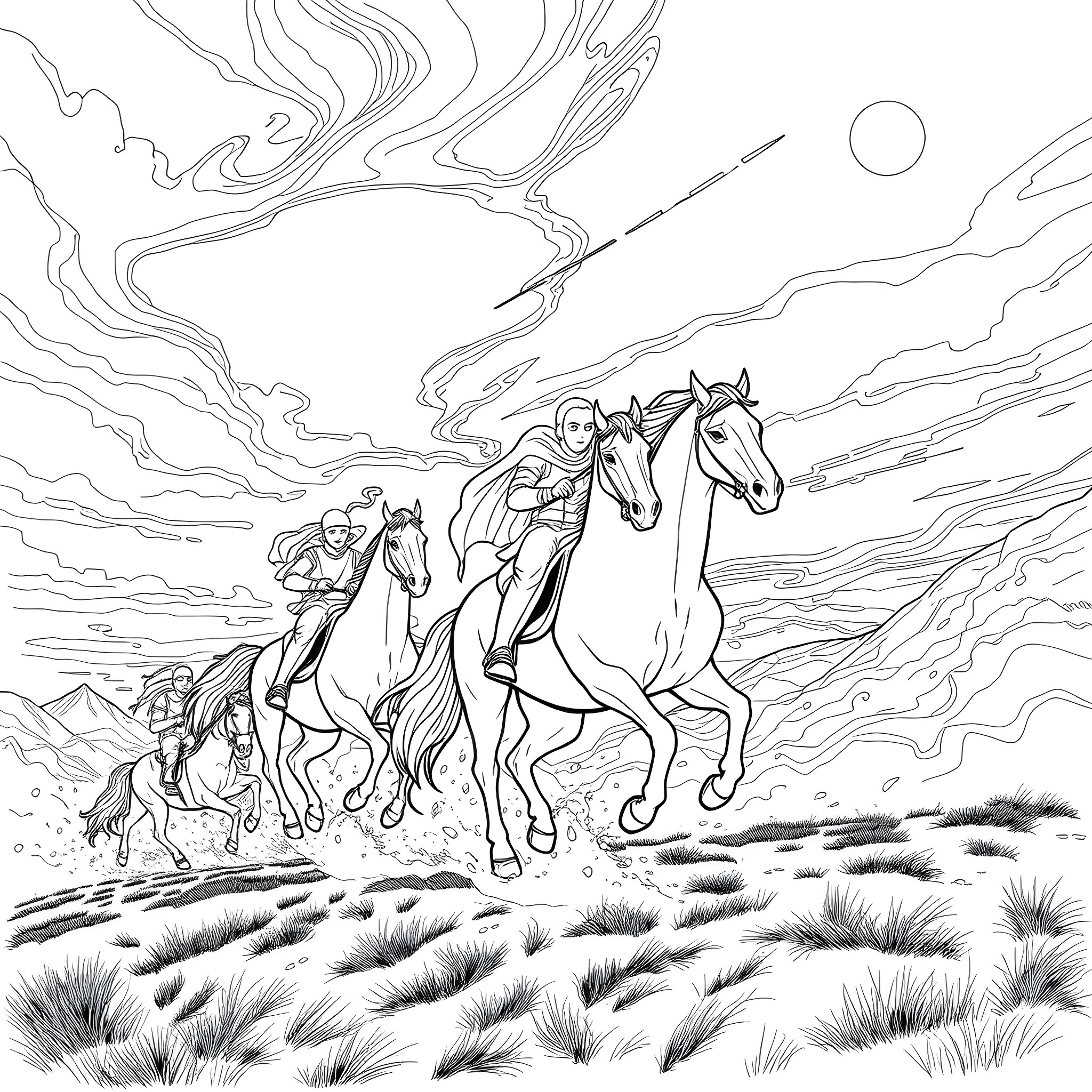 Ghost Rider racing across the fiery landscape on horseback Coloring Page (free black-and-white line drawing printable PDF for all, from beginners to advanced learners, including children, teens, adults, and seniors)