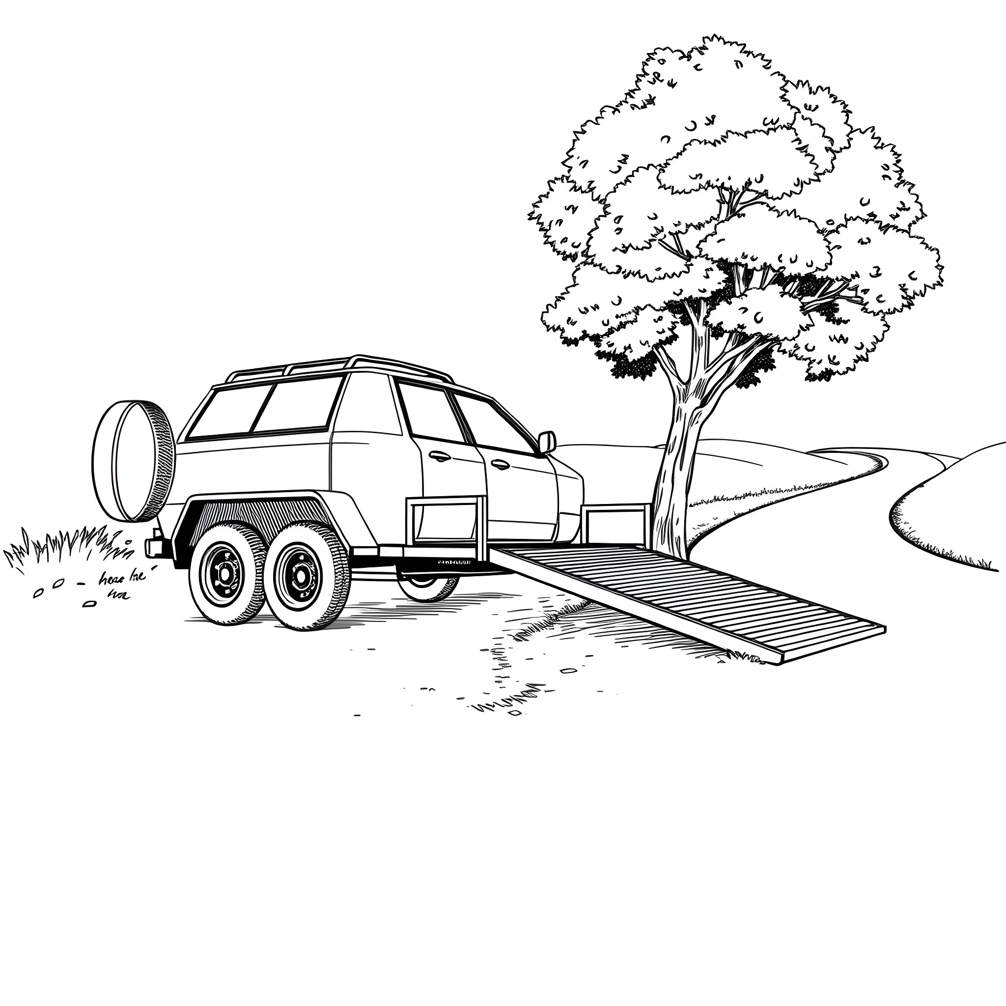 Car Trailer Hauling Equipment Down Winding Road Coloring Page (free black-and-white line drawing printable PDF for all, from beginners to advanced learners, including children, teens, adults, and seniors)