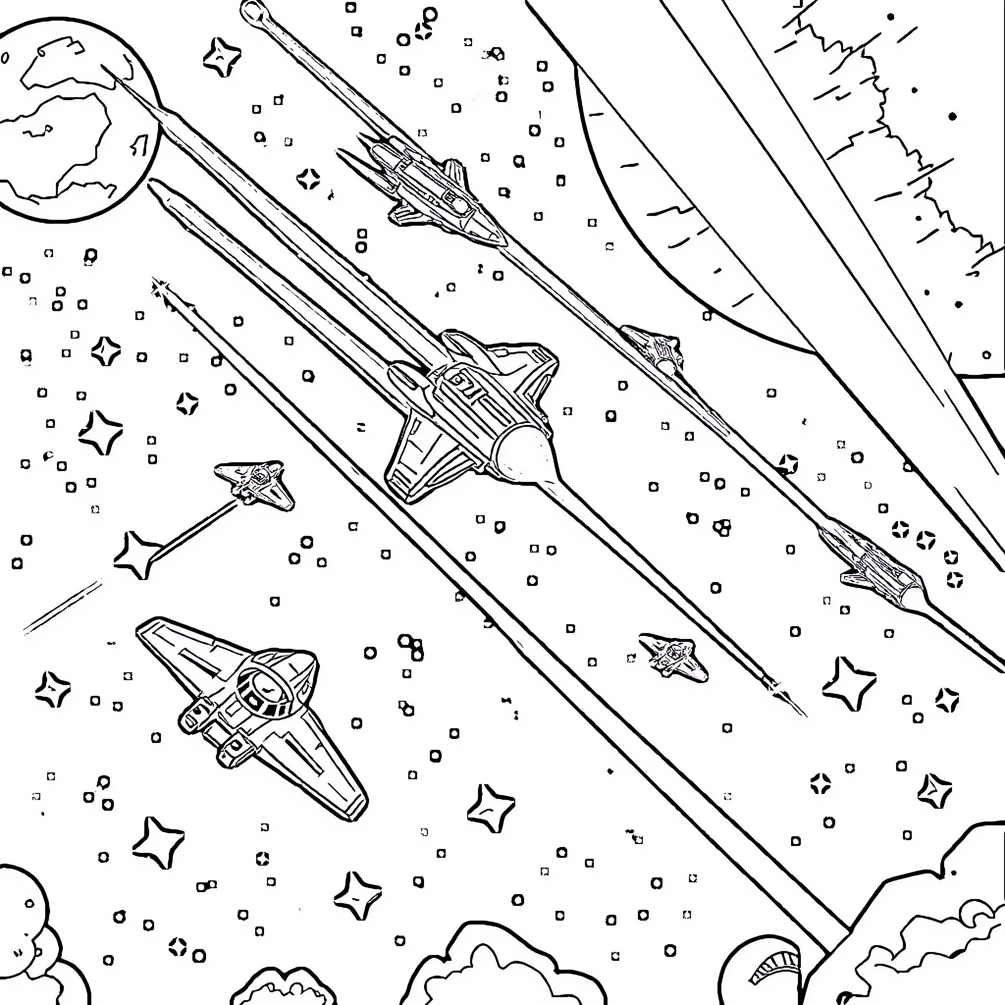 Space Fighters Soaring Through Cosmic Expanse Coloring Page (free black-and-white line drawing printable PDF for all, from beginners to advanced learners, including children, teens, adults, and seniors)