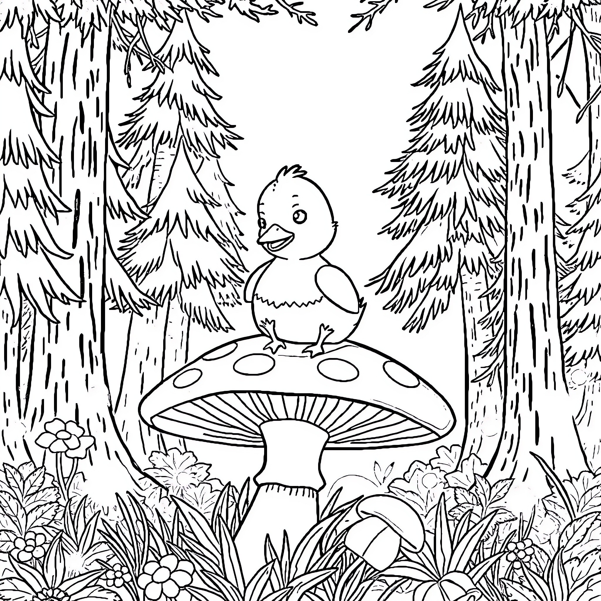Duckling exploring the enchanting forest Coloring Page (free black-and-white line drawing printable PDF for all, from beginners to advanced learners, including children, teens, adults, and seniors)