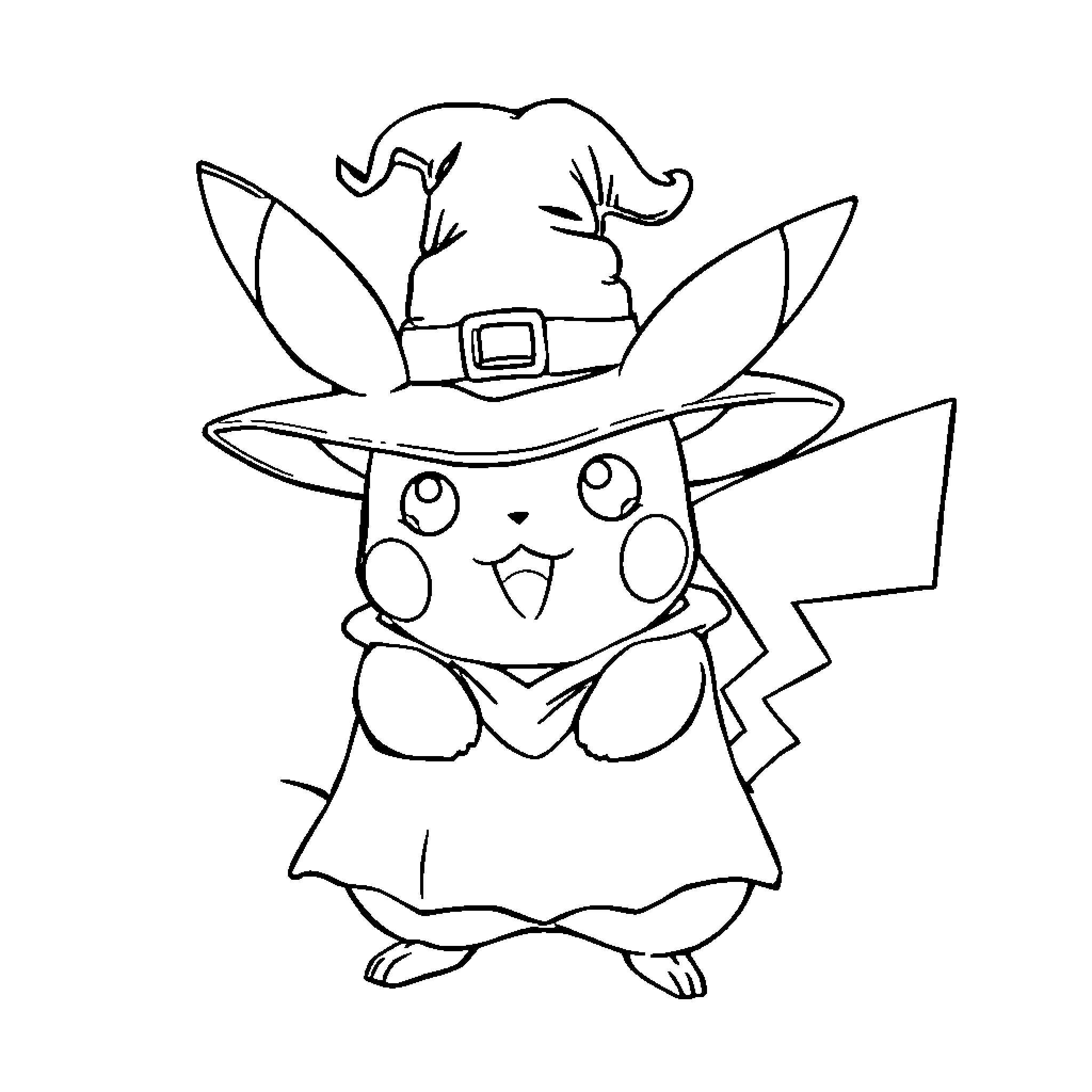 Pikachu dressed as a witch with a wand Coloring Page (free black-and-white line drawing printable PDF for all, from beginners to advanced learners, including children, teens, adults, and seniors)