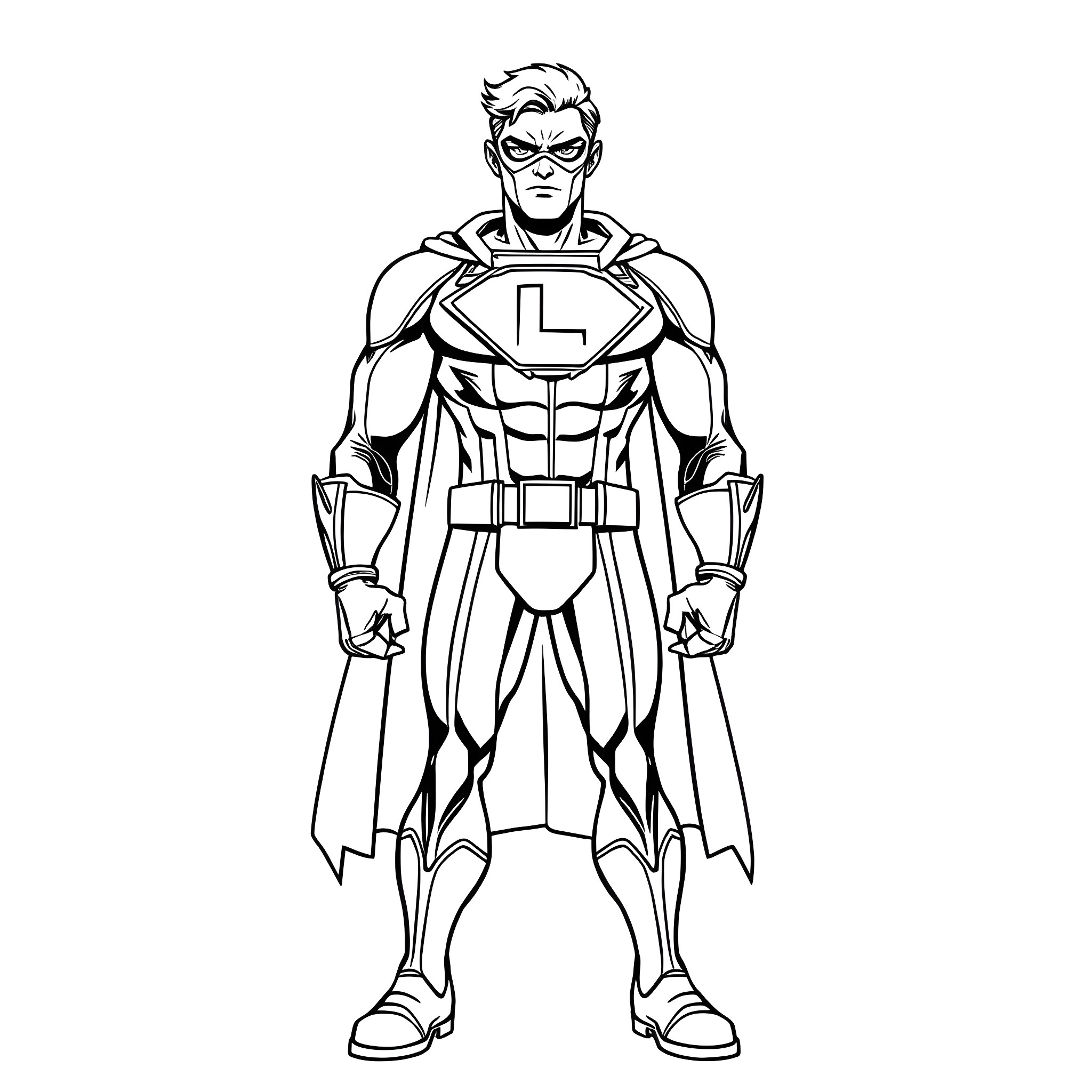 Superhero in action stance with costume and emblem Coloring Page (free black-and-white line drawing printable PDF for all, from beginners to advanced learners, including children, teens, adults, and seniors)