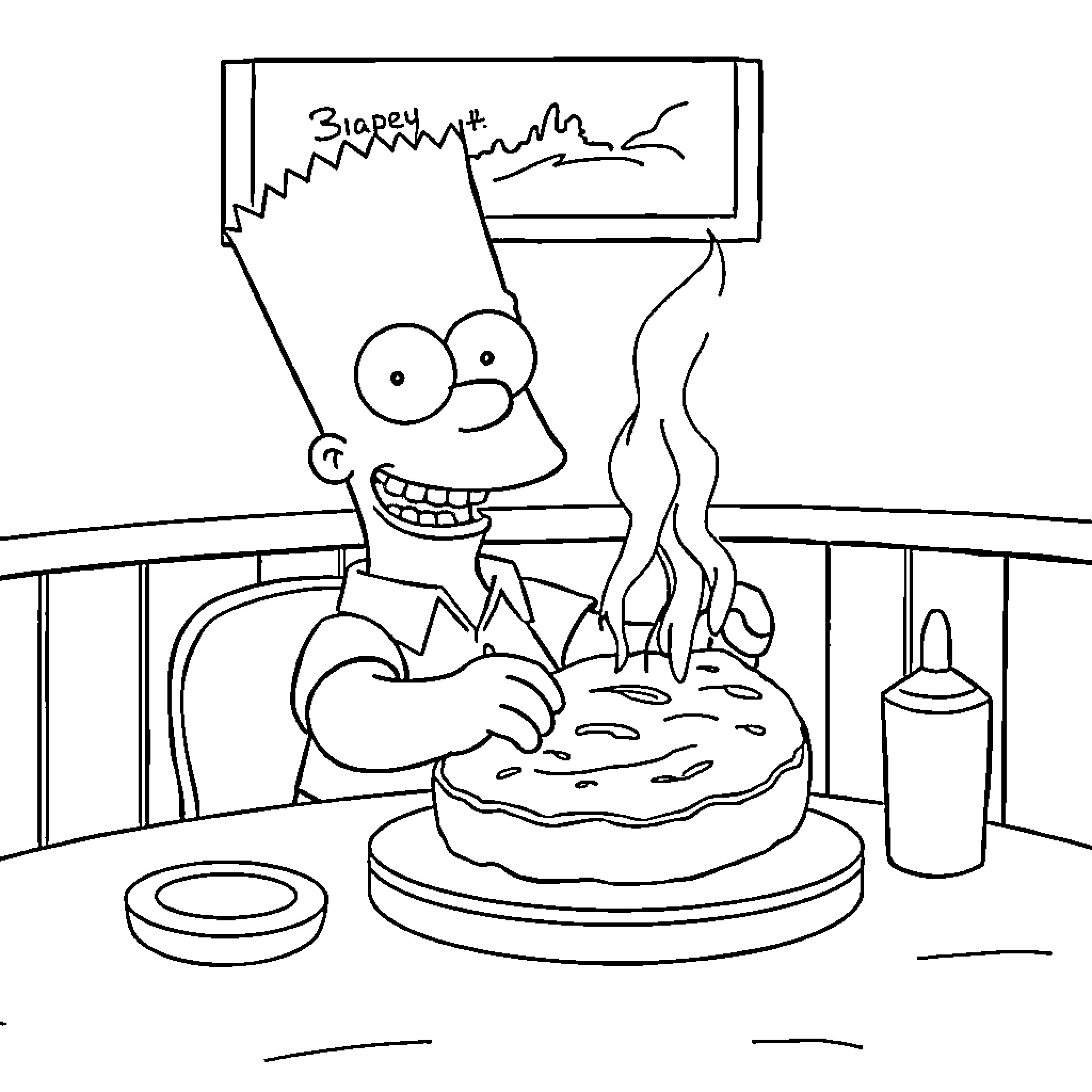 Bart Simpson baking a cake with excitement Coloring Page (free black-and-white line drawing printable PDF for all, from beginners to advanced learners, including children, teens, adults, and seniors)
