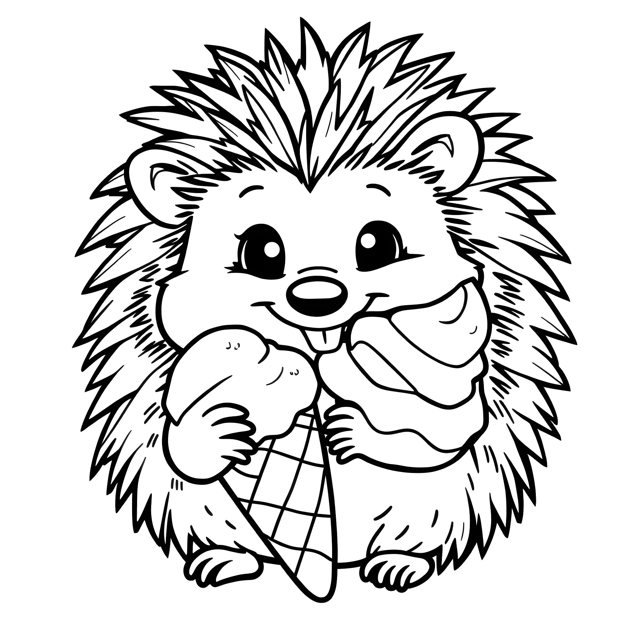 Hedgehog enjoying a tasty ice cream cone Coloring Page (free black-and-white line drawing printable PDF for all, from beginners to advanced learners, including children, teens, adults, and seniors)