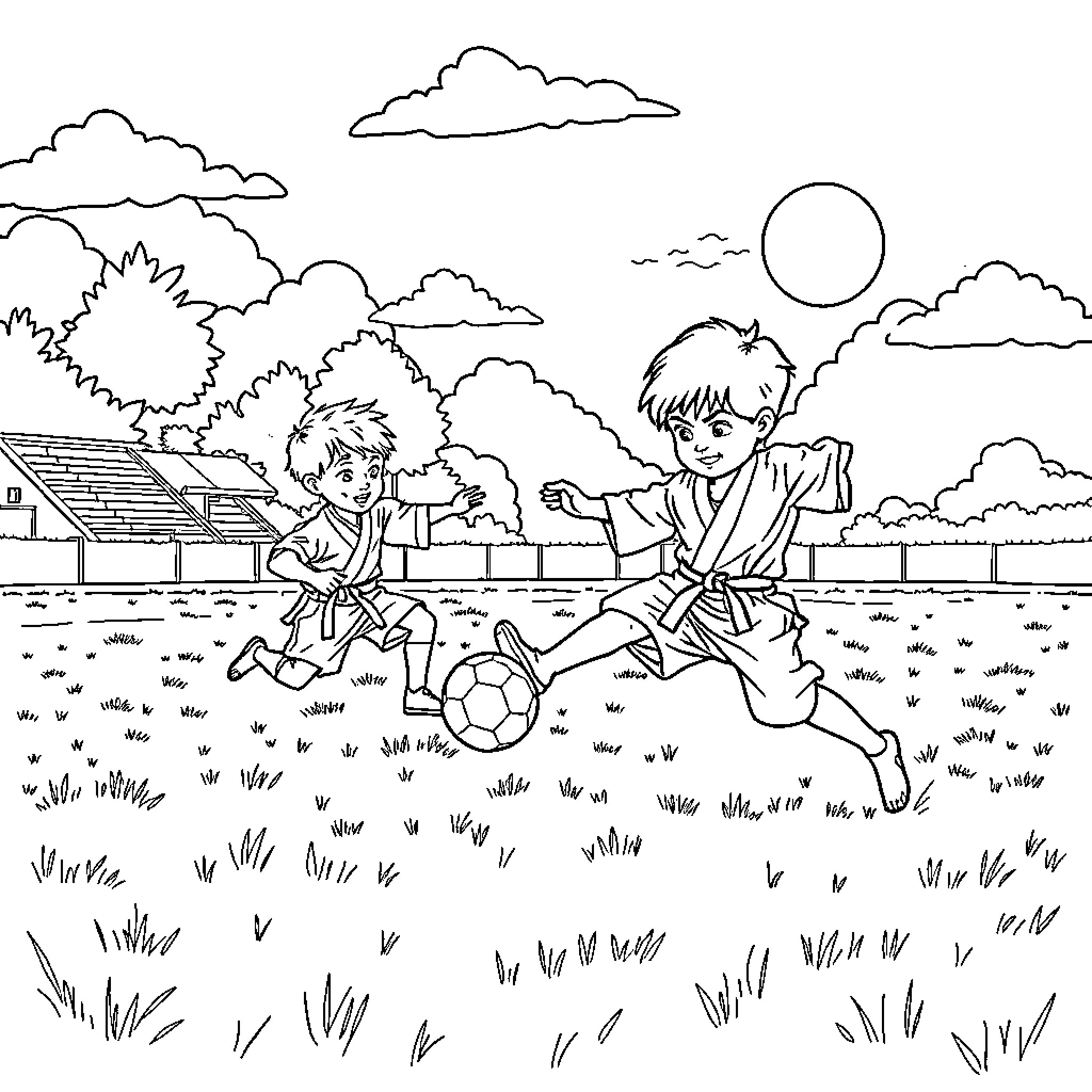 Goo Jit Su boys playing soccer outdoors Coloring Page (free black-and-white line drawing printable PDF for all, from beginners to advanced learners, including children, teens, adults, and seniors)
