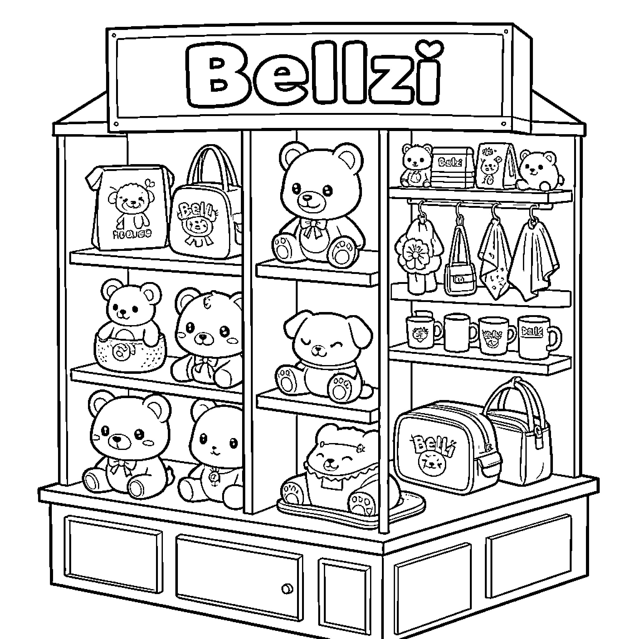 Bellzi cute stuffed animals and accessories on store shelves Coloring Page (free black-and-white line drawing printable PDF for all, from beginners to advanced learners, including children, teens, adults, and seniors)