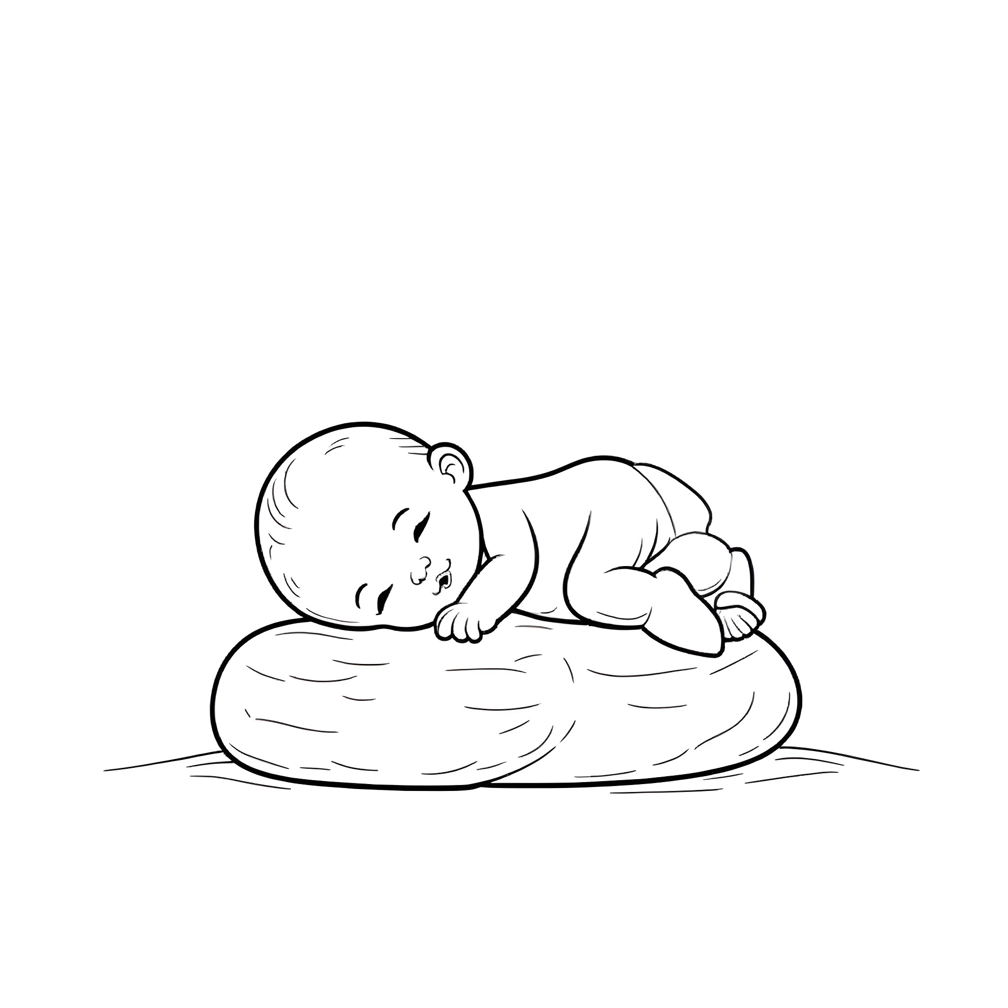 Infant sleeping peacefully on soft pillow Coloring Page (free black-and-white line drawing printable PDF for all, from beginners to advanced learners, including children, teens, adults, and seniors)