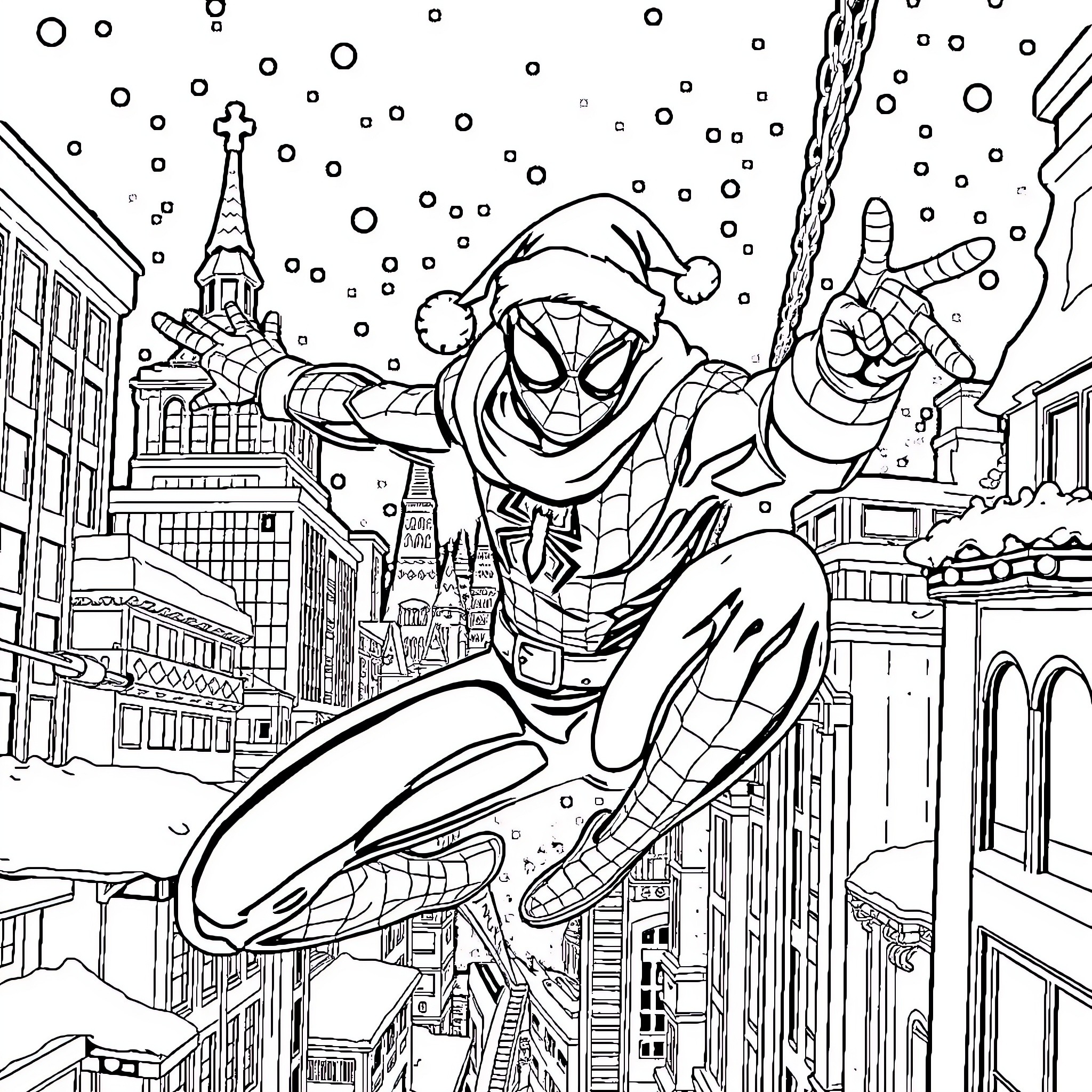 Spiderman swinging through a snowy city at night Coloring Page (free black-and-white line drawing printable PDF for all, from beginners to advanced learners, including children, teens, adults, and seniors)