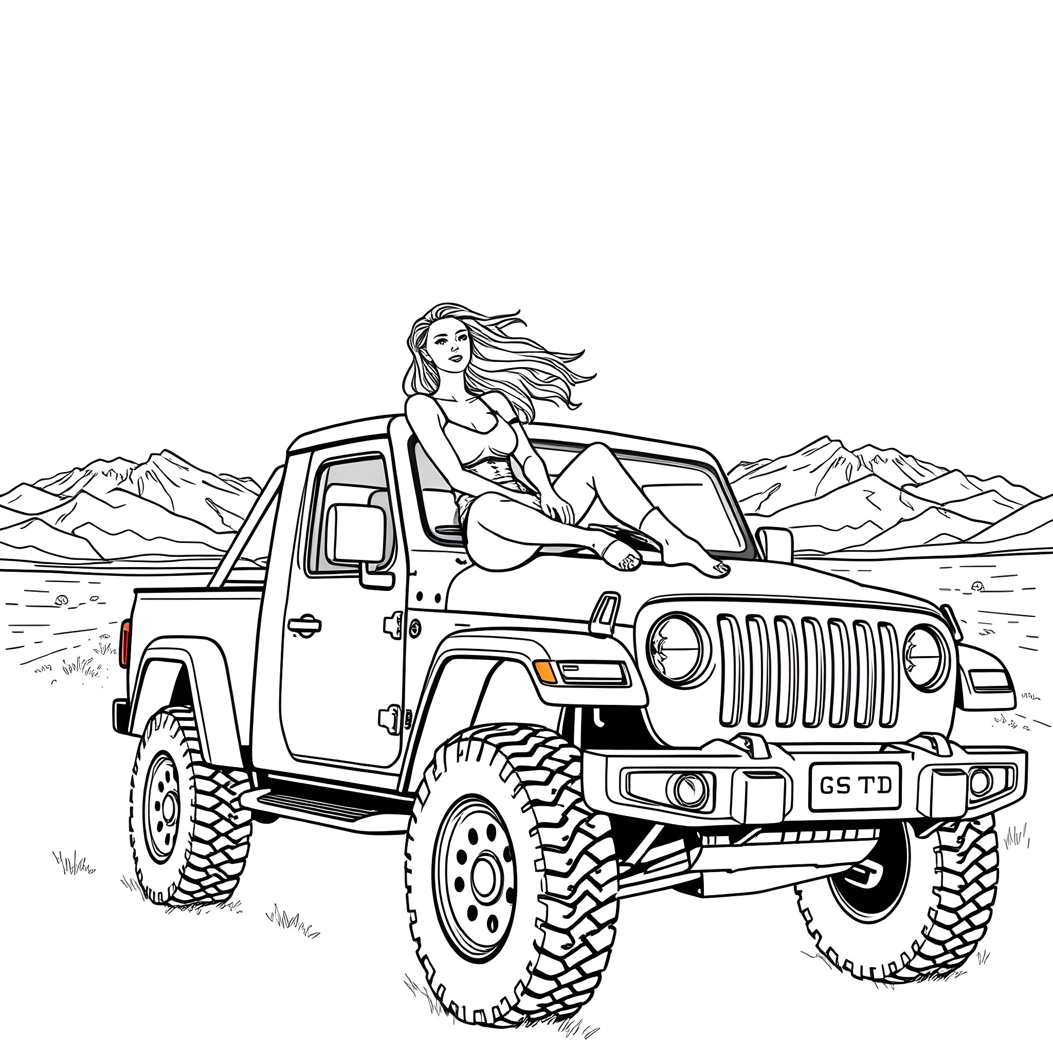 Girl driving offroad vehicle in scenic mountain landscape Coloring Page (free black-and-white line drawing printable PDF for all, from beginners to advanced learners, including children, teens, adults, and seniors)