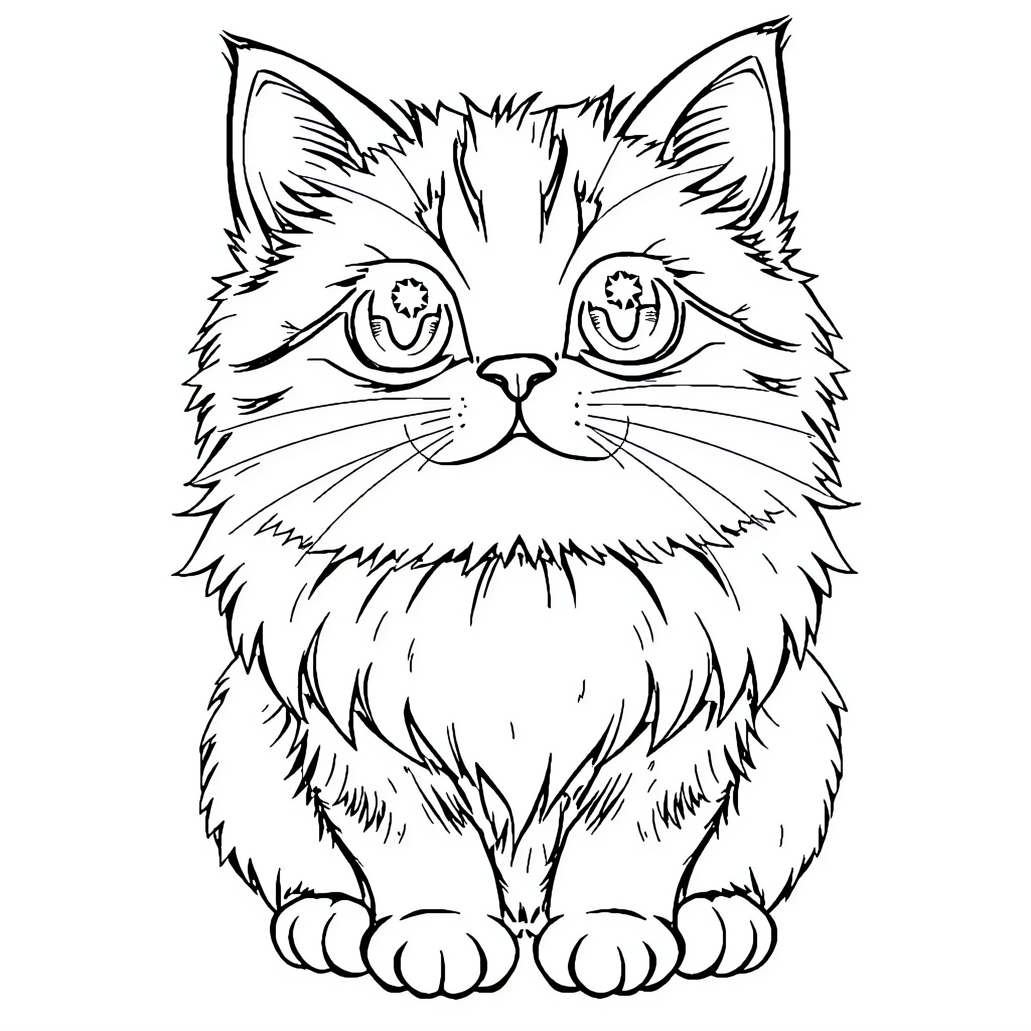 Cat with expressive features in black and white Coloring Page (free black-and-white line drawing printable PDF for all, from beginners to advanced learners, including children, teens, adults, and seniors)