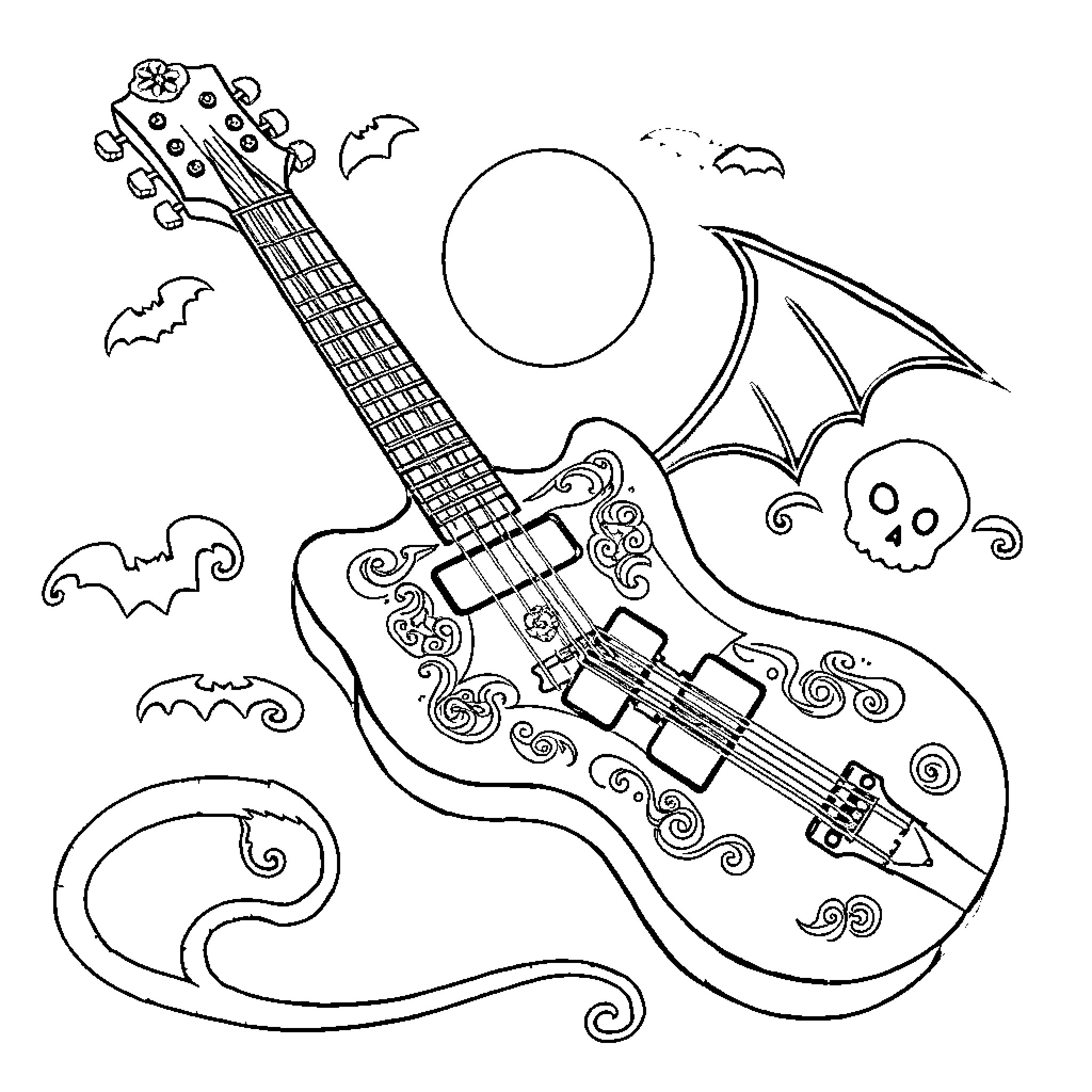 Vamperina's spooky guitar playing adventure Coloring Page (free black-and-white line drawing printable PDF for all, from beginners to advanced learners, including children, teens, adults, and seniors)