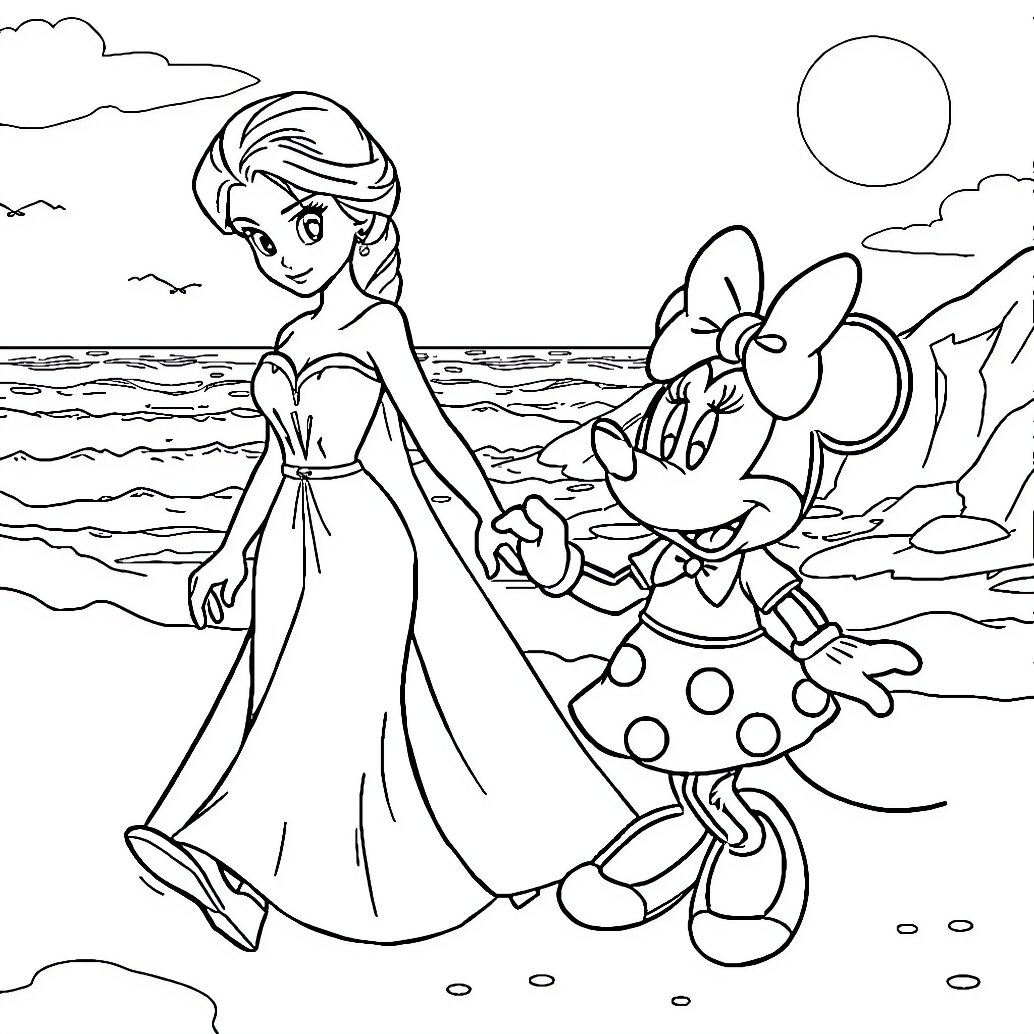 Elsa and Minnie Mouse enjoying a beach day Coloring Page (free black-and-white line drawing printable PDF for all, from beginners to advanced learners, including children, teens, adults, and seniors)