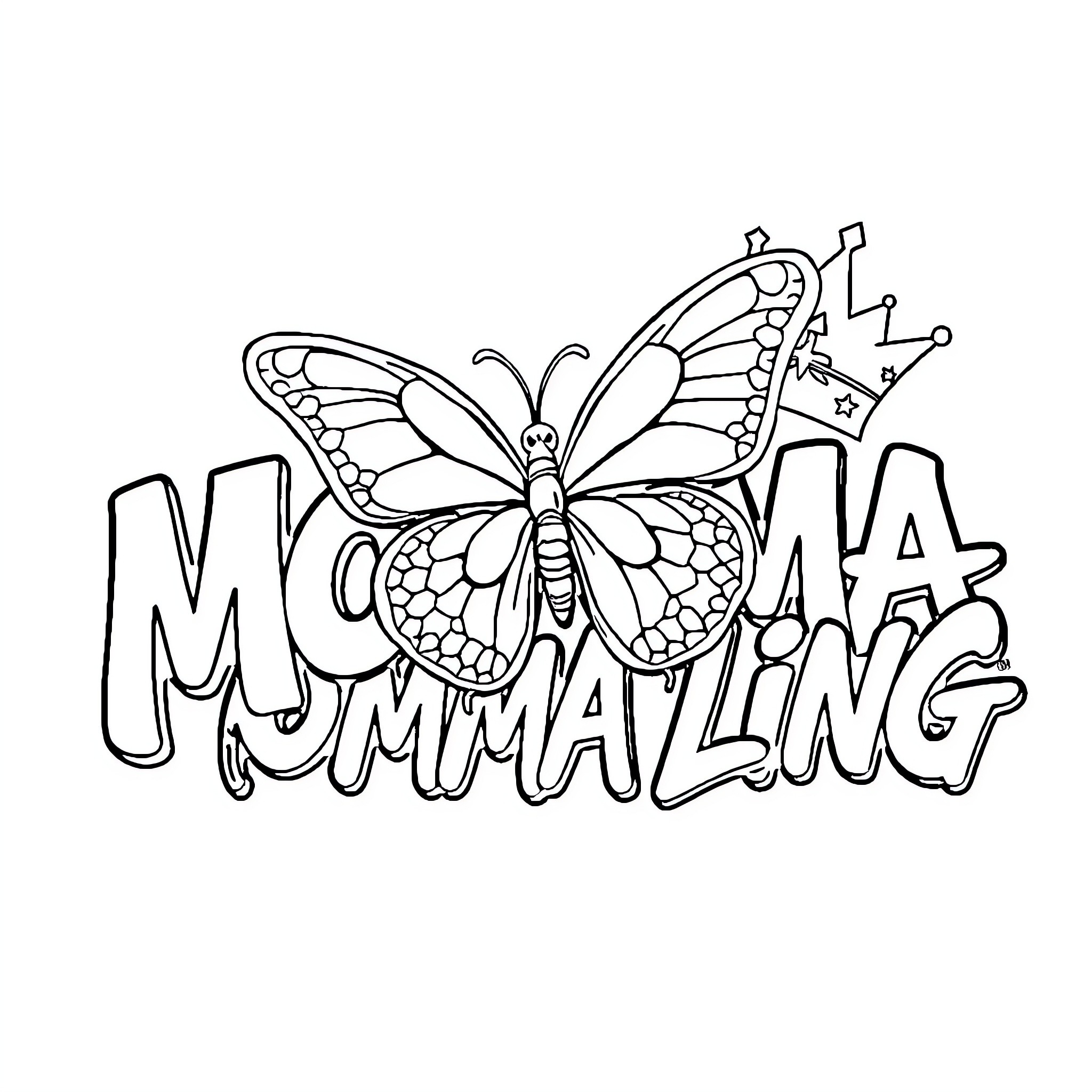 Graffiti of a playful butterfly with text Coloring Page (free black-and-white line drawing printable PDF for all, from beginners to advanced learners, including children, teens, adults, and seniors)
