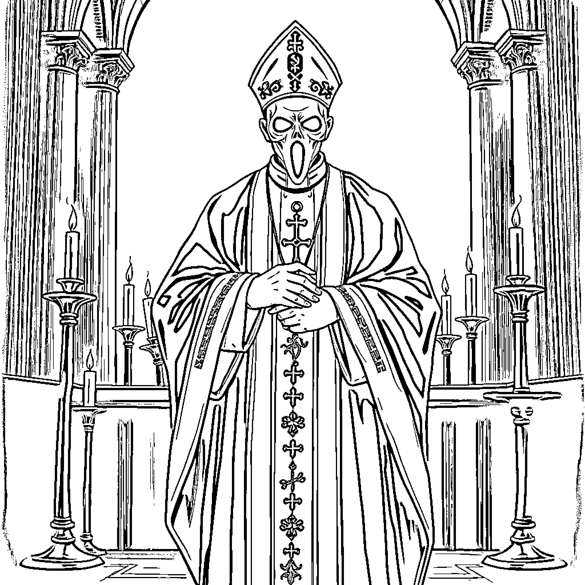 Papa Emeritus III in elaborate ecclesiastical attire Coloring Page (free black-and-white line drawing printable PDF for all, from beginners to advanced learners, including children, teens, adults, and seniors)