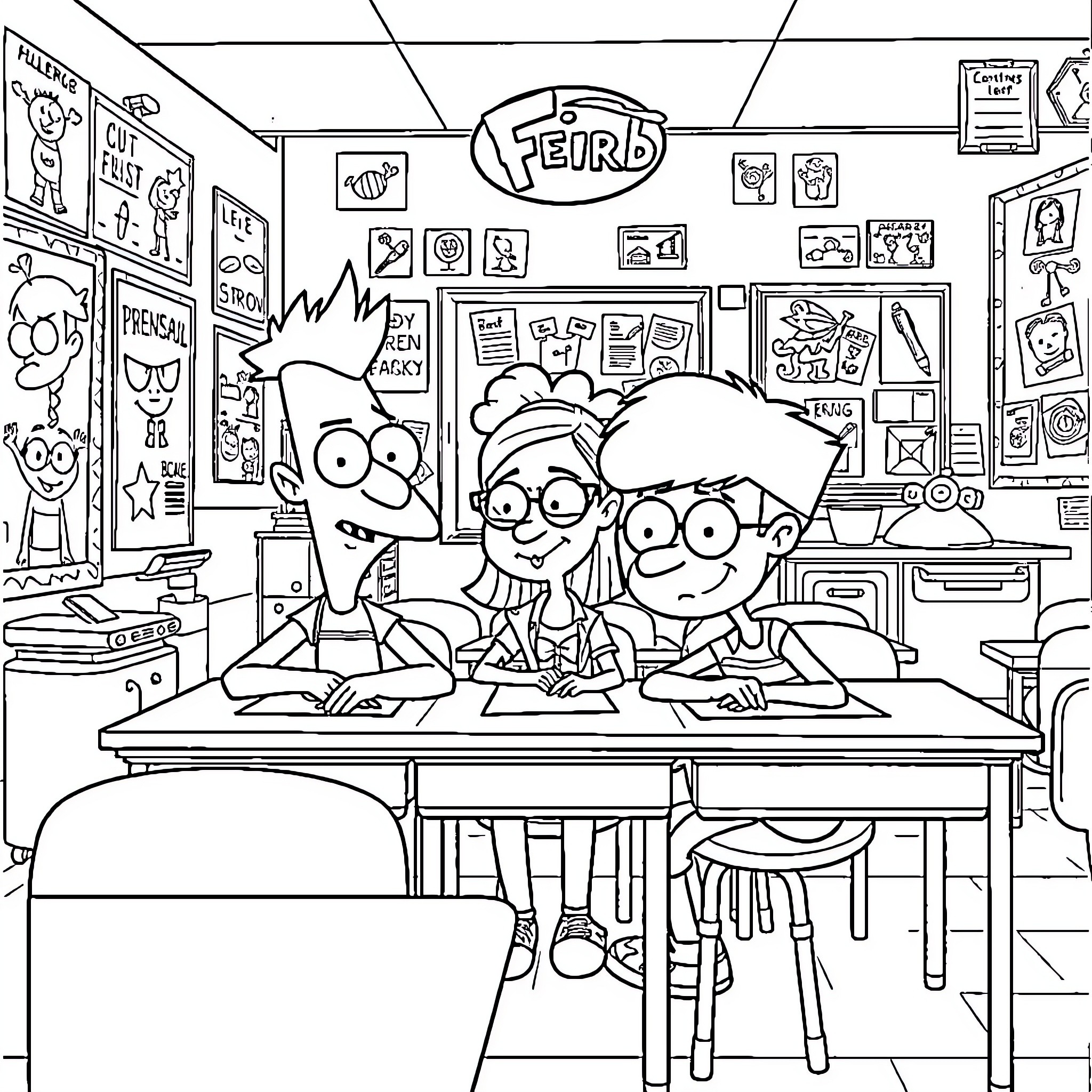 Phineas and Ferb in their classroom Coloring Page (free black-and-white line drawing printable PDF for all, from beginners to advanced learners, including children, teens, adults, and seniors)