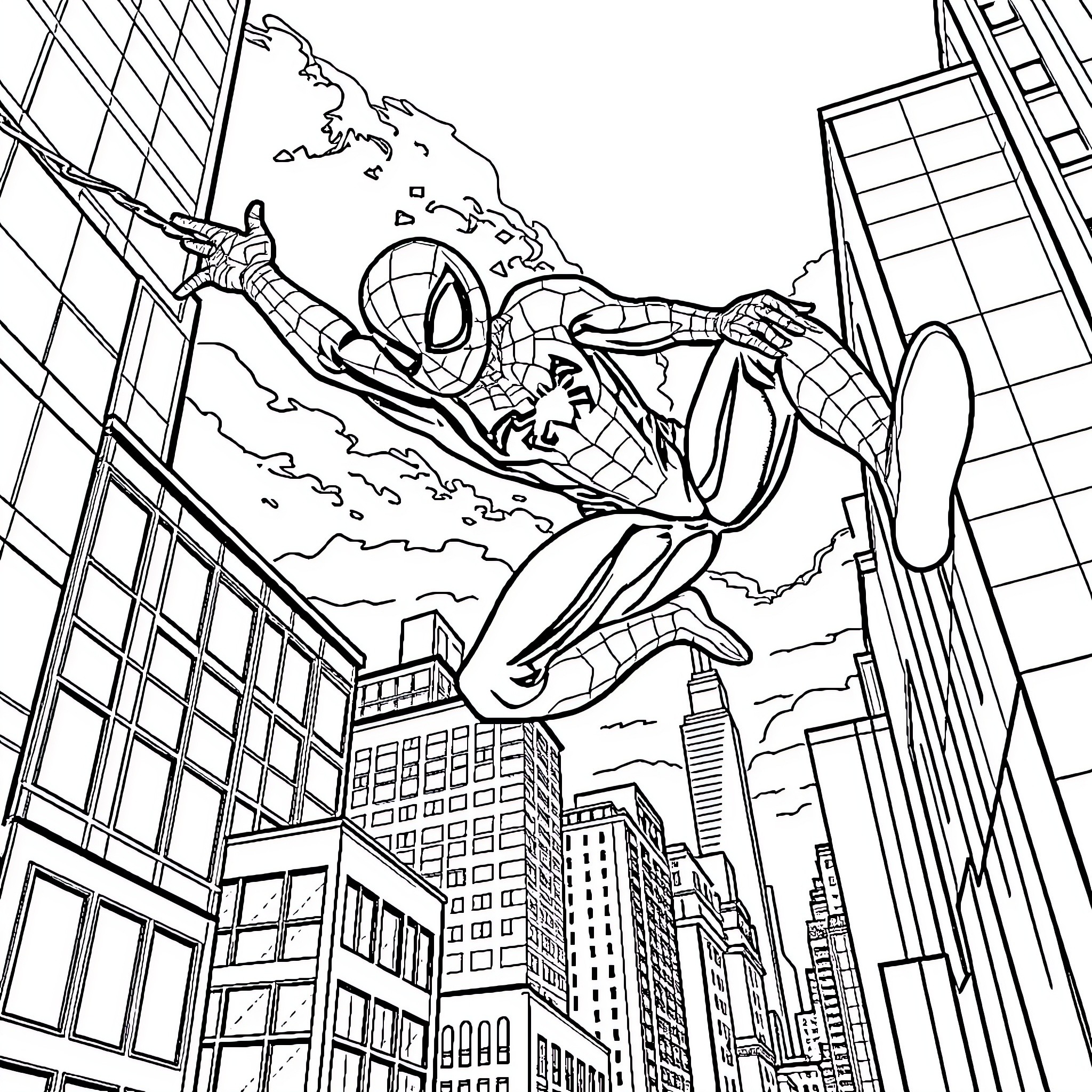Spiderman swinging through the city skyline Coloring Page (free black-and-white line drawing printable PDF for all, from beginners to advanced learners, including children, teens, adults, and seniors)