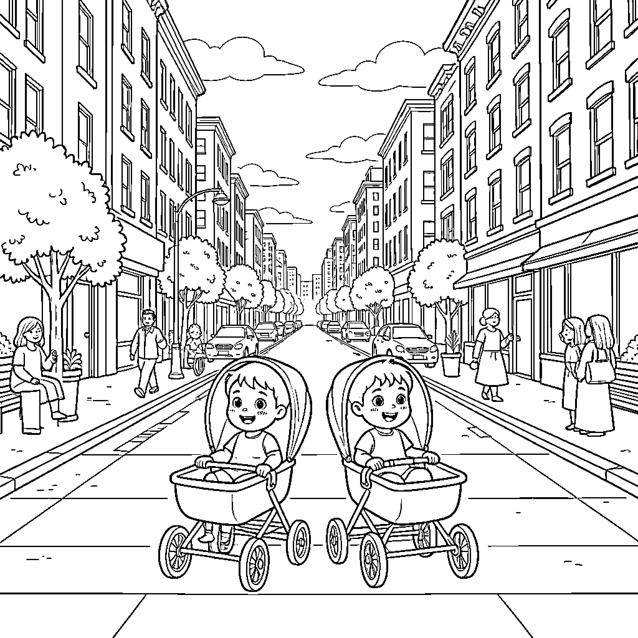 Bebe twins riding in strollers on a city street Coloring Page (free black-and-white line drawing printable PDF for all, from beginners to advanced learners, including children, teens, adults, and seniors)