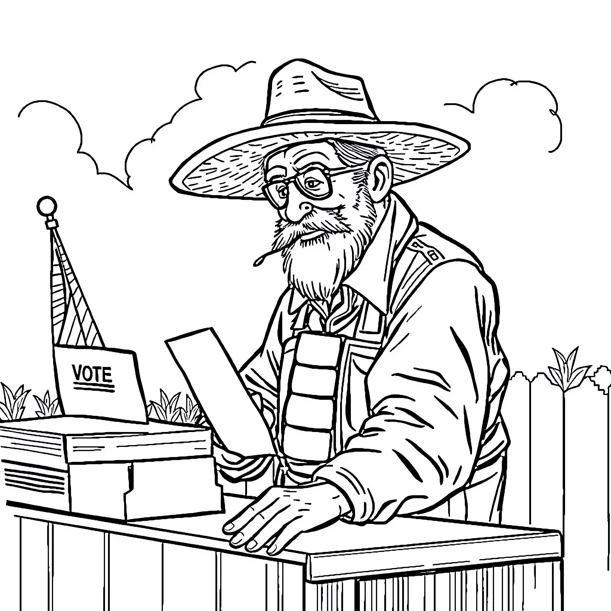 Beekeeper casting his vote at the polling station Coloring Page (free black-and-white line drawing printable PDF for all, from beginners to advanced learners, including children, teens, adults, and seniors)