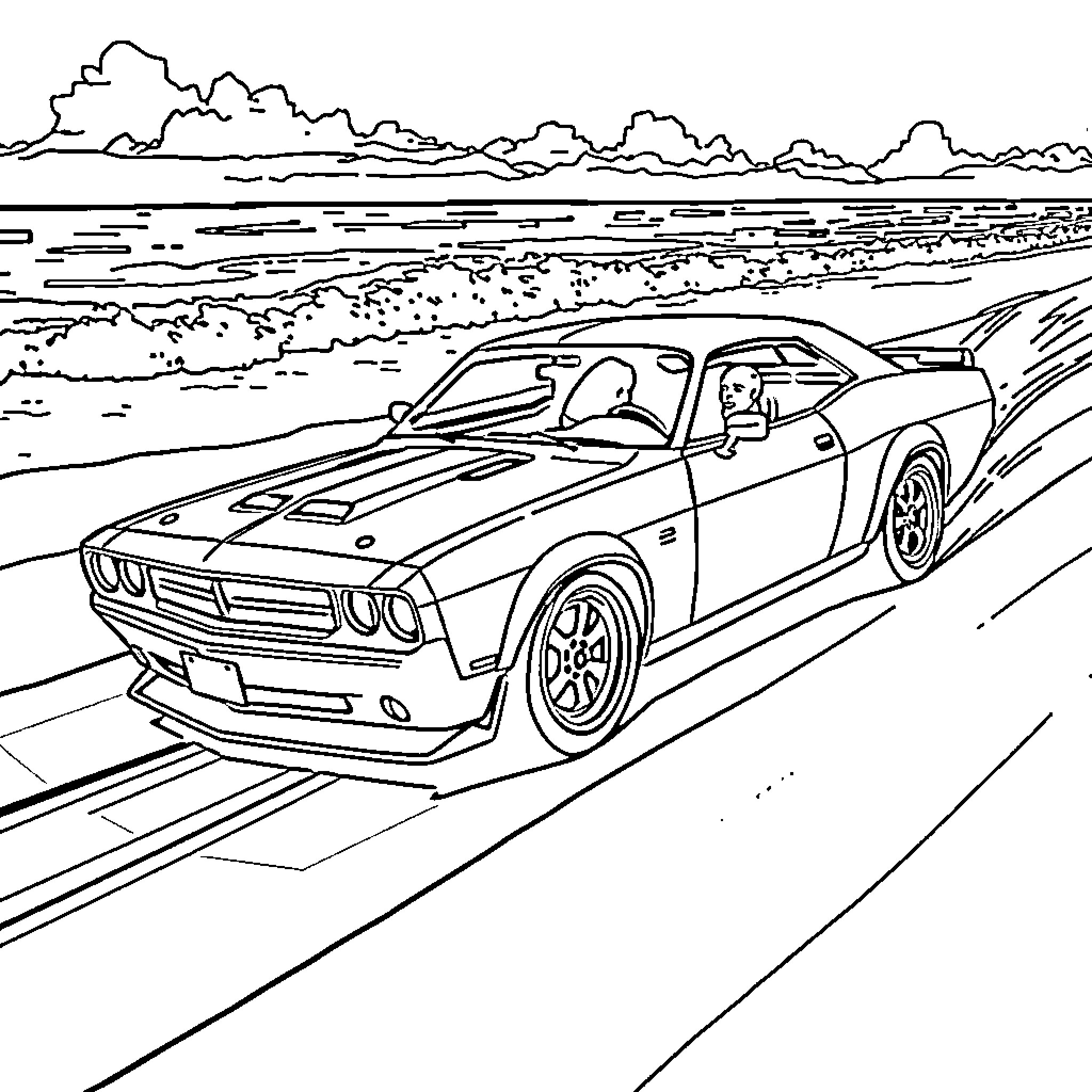 Car speeding along the coastal highway Coloring Page (free black-and-white line drawing printable PDF for all, from beginners to advanced learners, including children, teens, adults, and seniors)