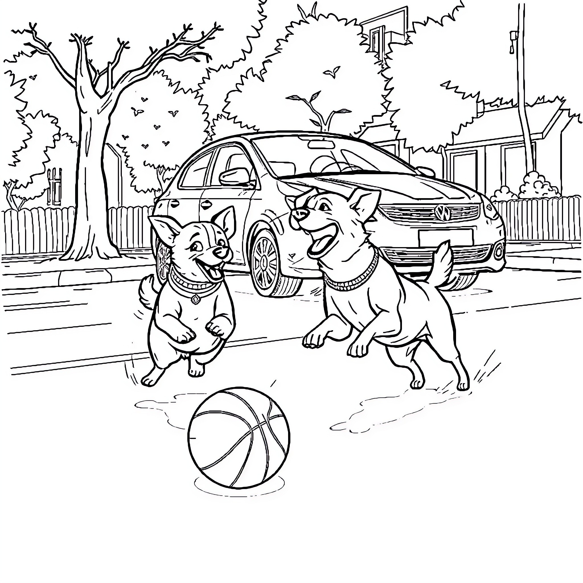 Dog playing with ball on the street Coloring Page (free black-and-white line drawing printable PDF for all, from beginners to advanced learners, including children, teens, adults, and seniors)