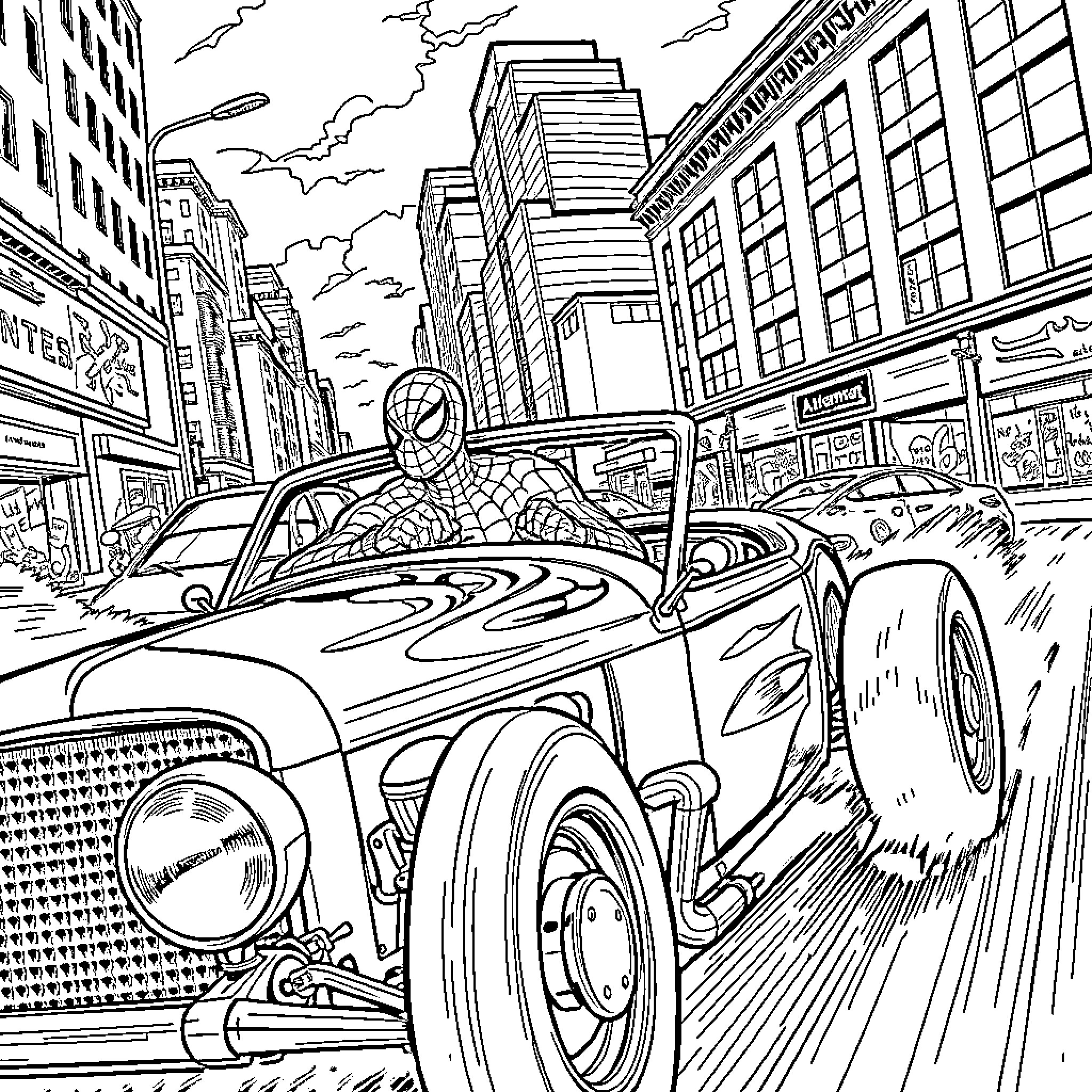 Spiderman swings through the city in his classic car Coloring Page (free black-and-white line drawing printable PDF for all, from beginners to advanced learners, including children, teens, adults, and seniors)