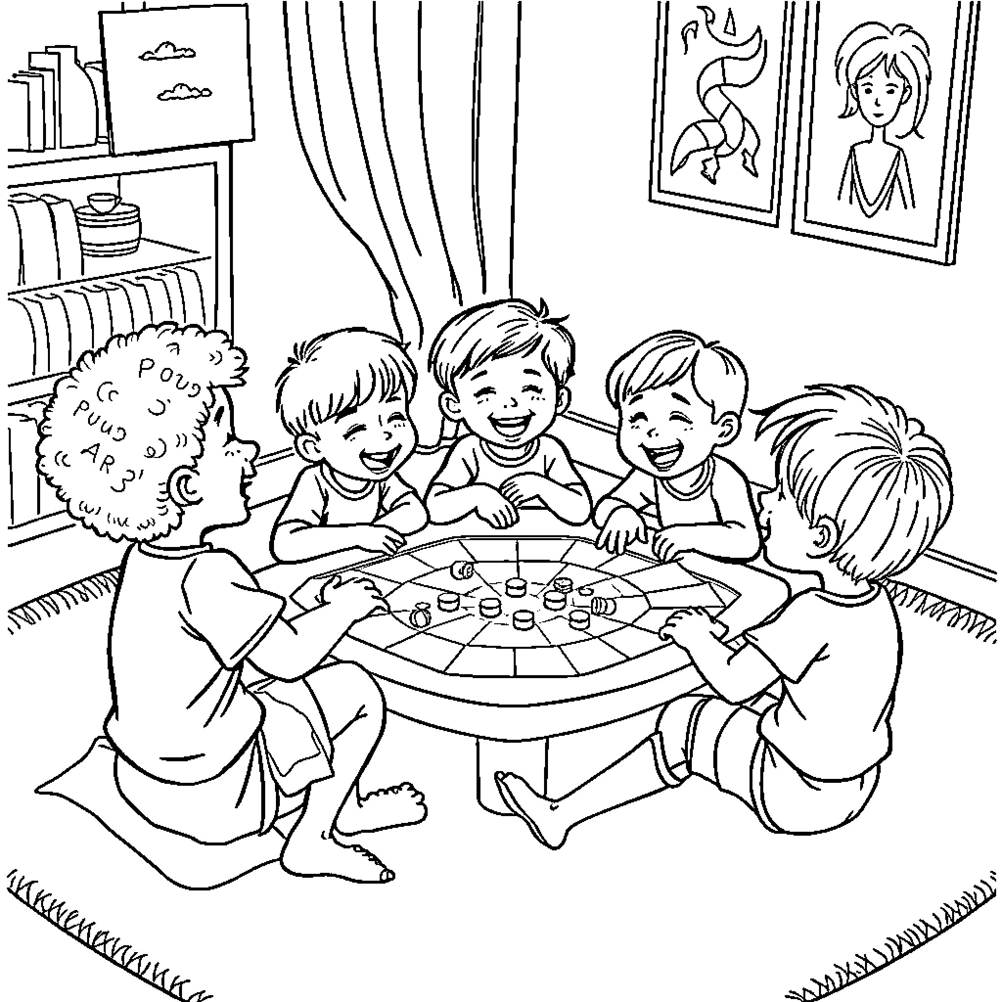 Children playing board game together happily Coloring Page (free black-and-white line drawing printable PDF for all, from beginners to advanced learners, including children, teens, adults, and seniors)
