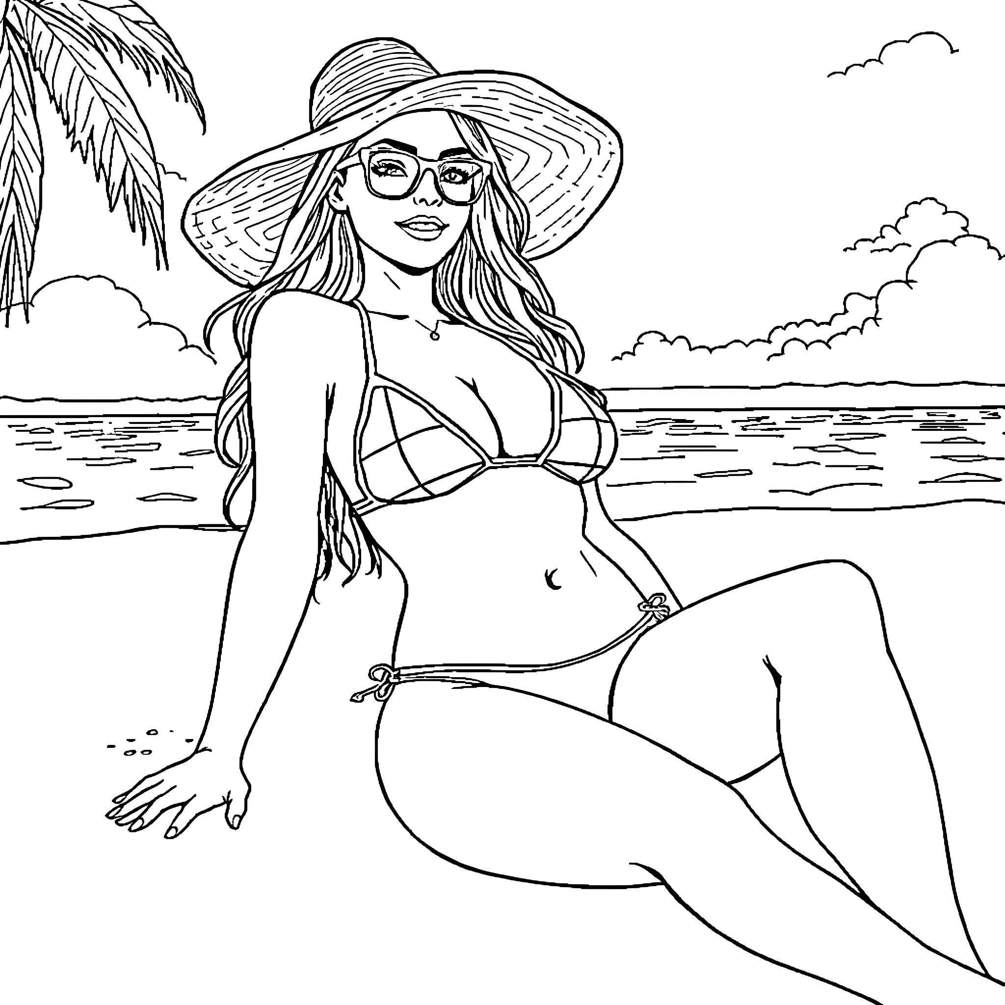 Proxy Paige enjoys the sun at the beach Coloring Page (free black-and-white line drawing printable PDF for all, from beginners to advanced learners, including children, teens, adults, and seniors)