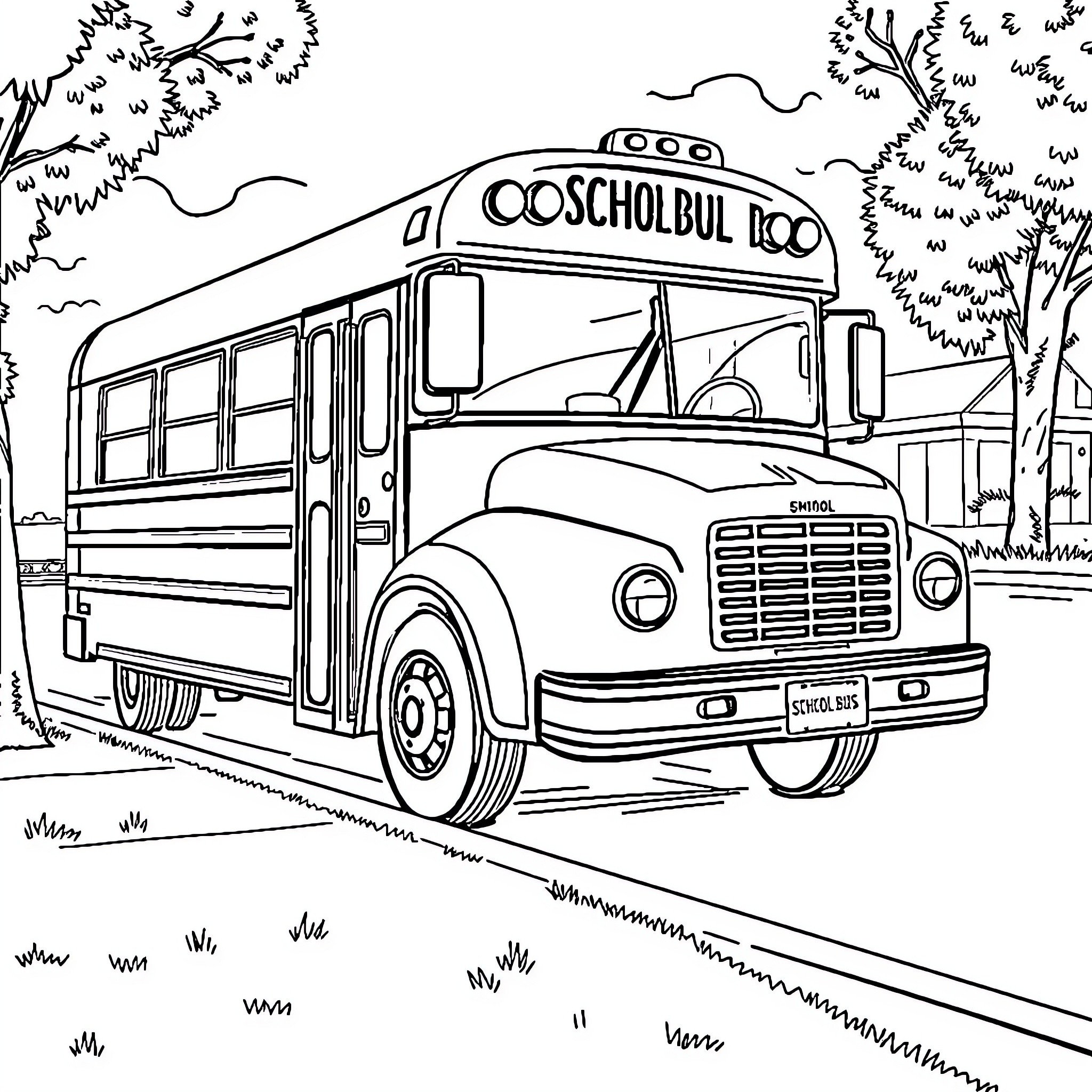 Bus parked on a road surrounded by trees Coloring Page (free black-and-white line drawing printable PDF for all, from beginners to advanced learners, including children, teens, adults, and seniors)