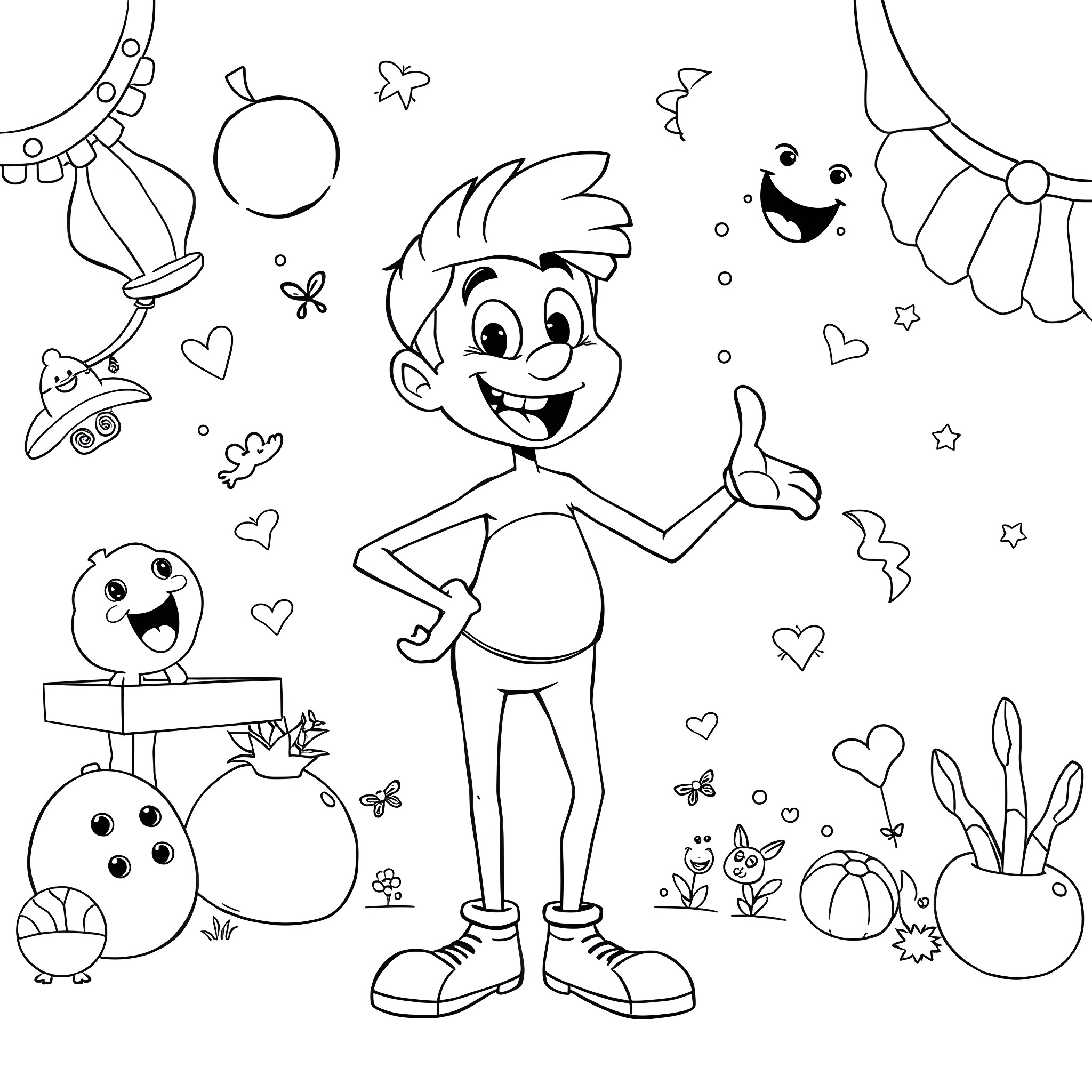 Guy in a cheerful cartoon scene with friendly characters Coloring Page (free black-and-white line drawing printable PDF for all, from beginners to advanced learners, including children, teens, adults, and seniors)
